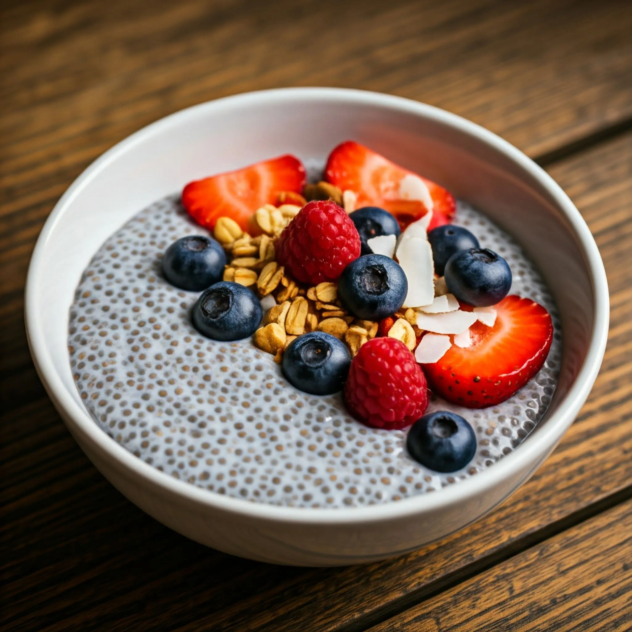 Vegan Chia Pudding with Fresh Berries and Granola A bowl of vegan chia pudding topped with fresh berries, coconut flakes, and granola.