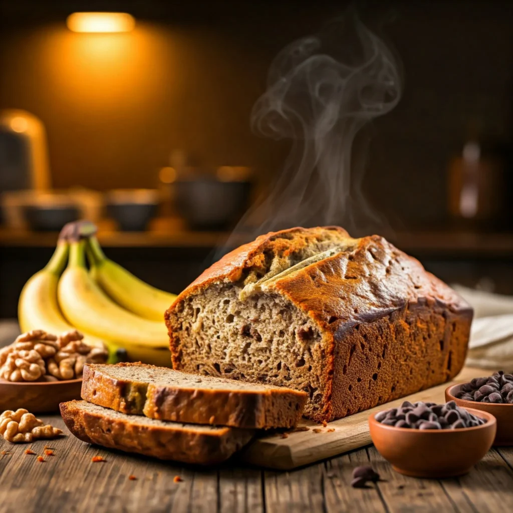 Freshly baked banana loaf bread sliced on a wooden table, surrounded by ripe bananas, walnuts, and chocolate chips.