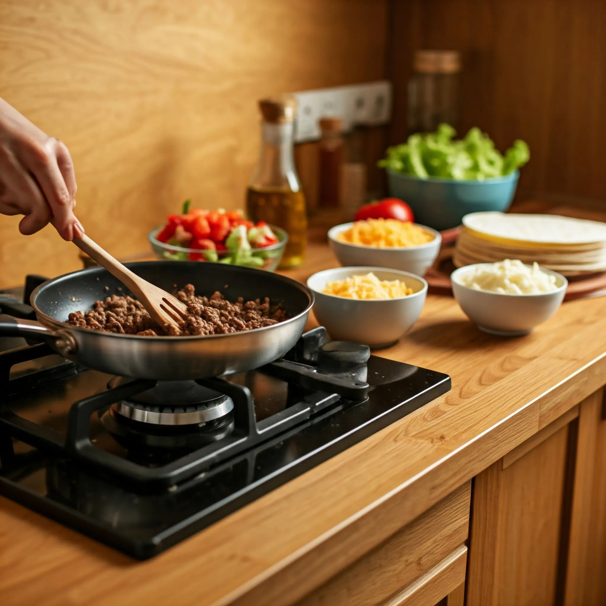 A skillet of seasoned ground beef cooking on a stovetop, surrounded by tortillas and taco shells on a wooden counter, with fresh ingredients like lettuce, tomatoes, and cheese nearby.