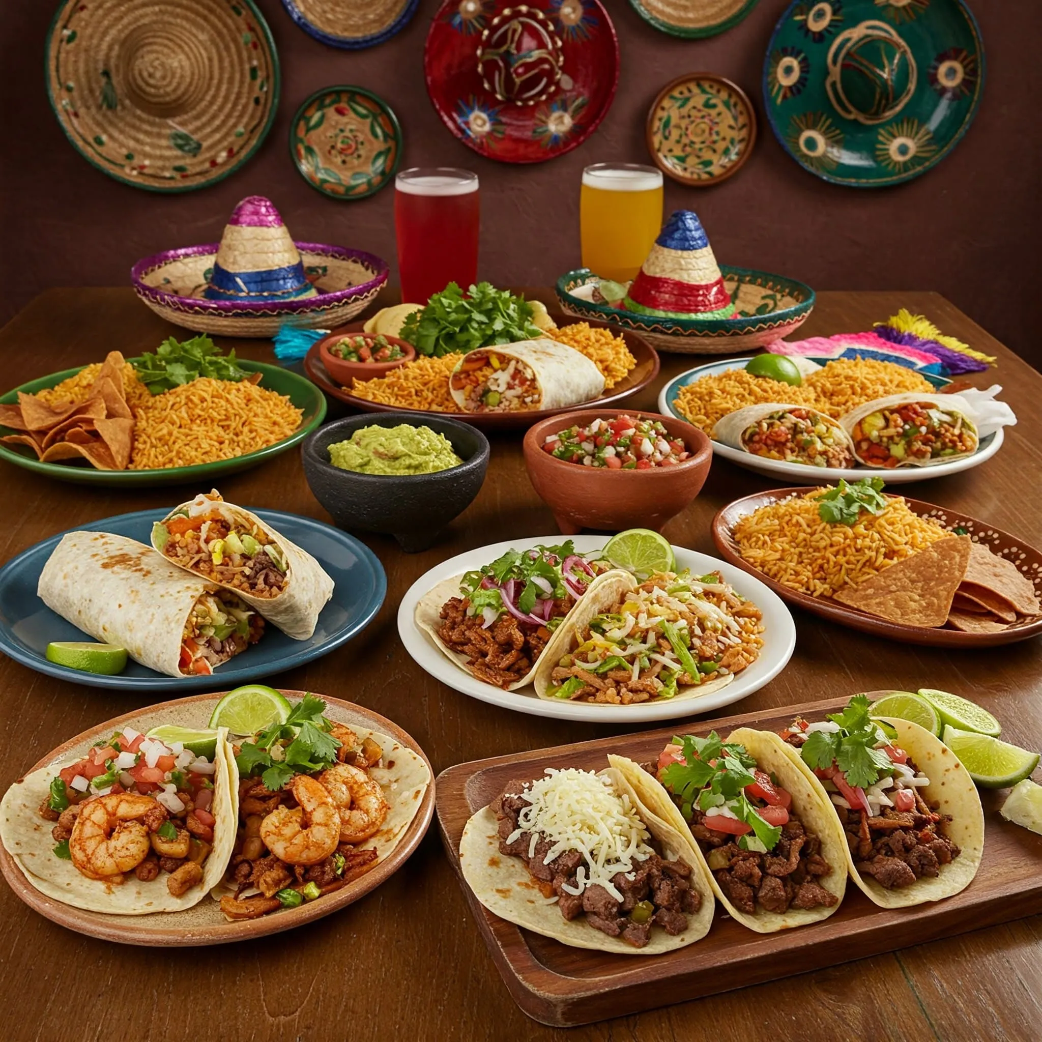 A variety of Mexican dishes including tacos, burritos, and fajitas with vibrant toppings and salsas.