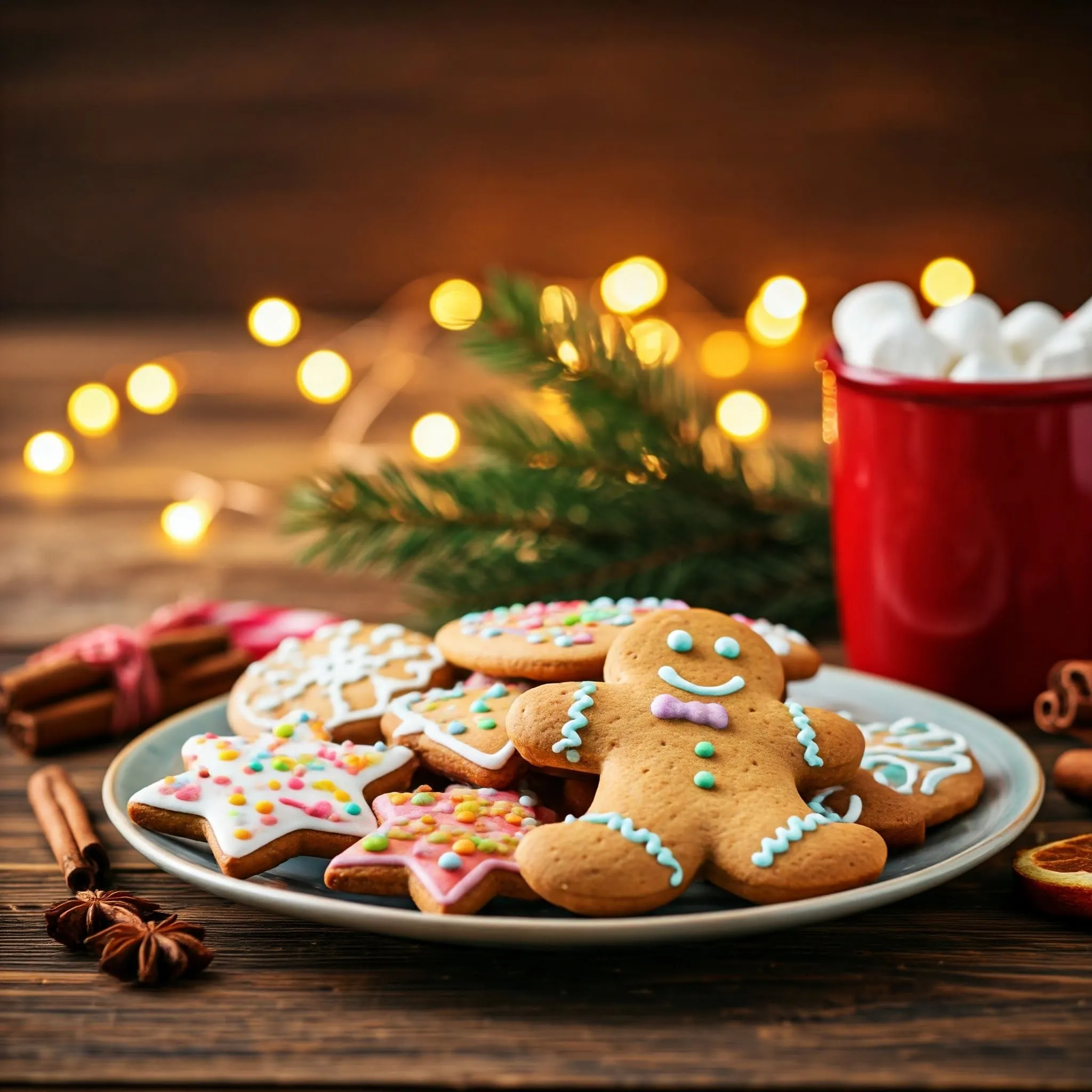 Plate of decorated gingerbread cookie recipes with royal icing and colorful sprinkles, surrounded by cinnamon sticks, star anise, and a mug of hot cocoa.