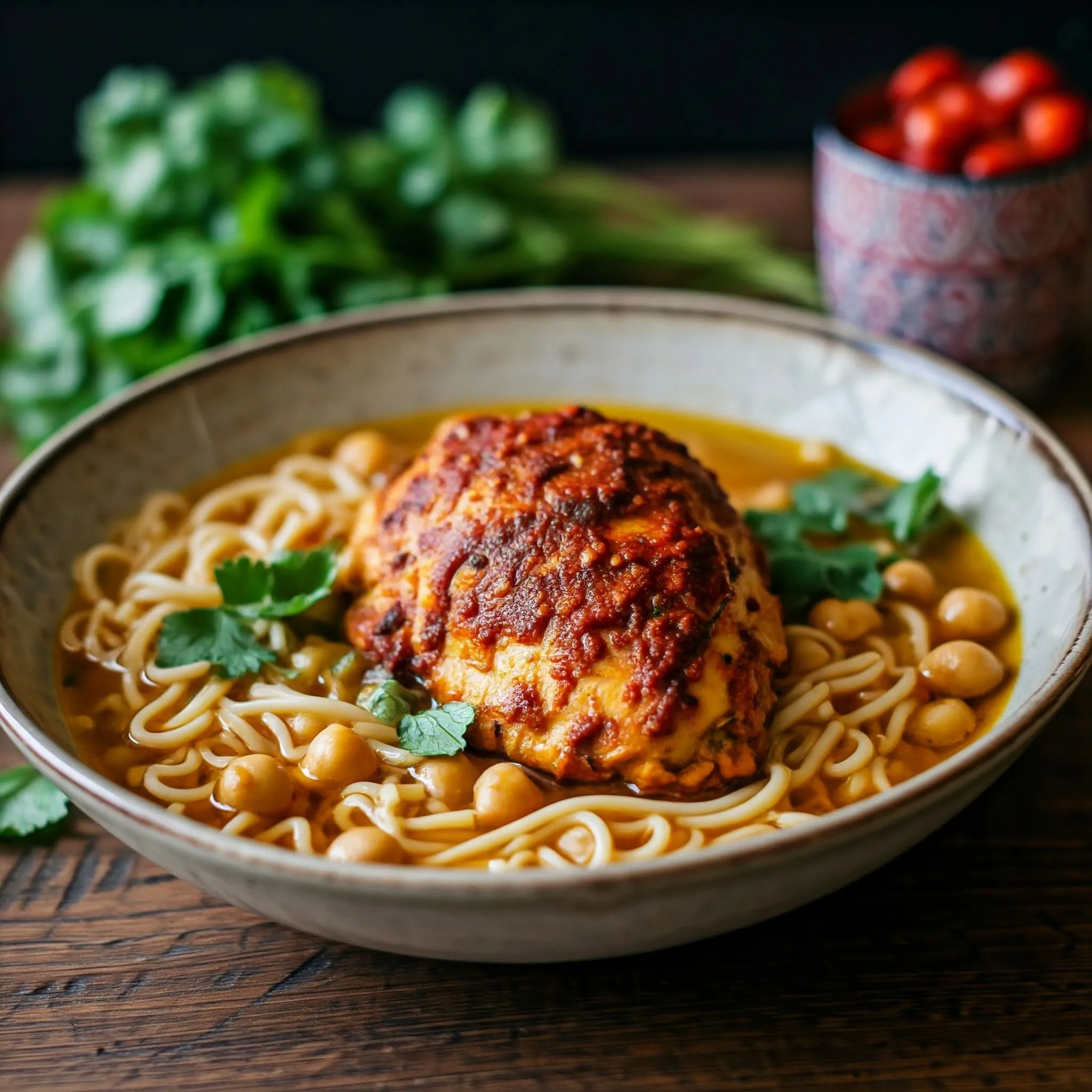 Moroccan chicken dish with tender chicken, ramen noodles, fresh herbs, and chickpeas in a rustic bowl.