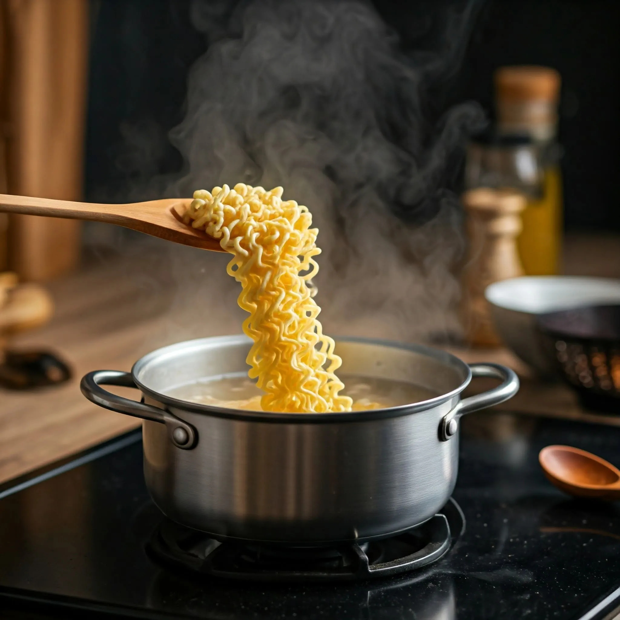 Boiling water with ramen noodles being cooked in a pot, with steam rising and a wooden spoon nearby.