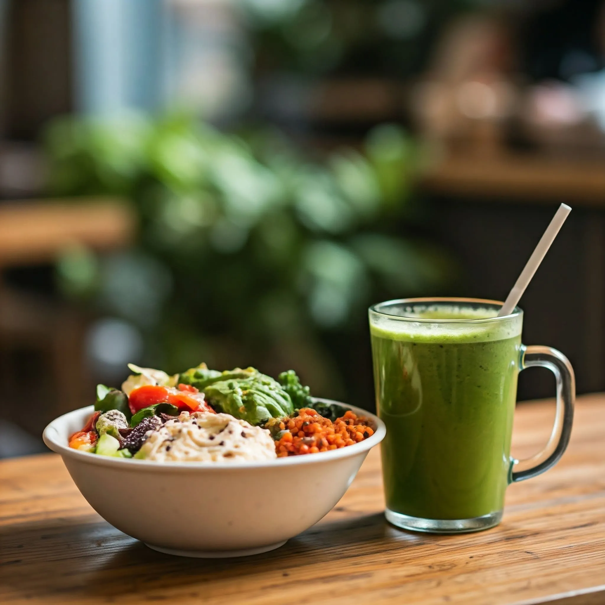 A cozy local café with healthy meals like Mediterranean hummus bowls, Buddha bowls, and fresh smoothies, surrounded by greenery.