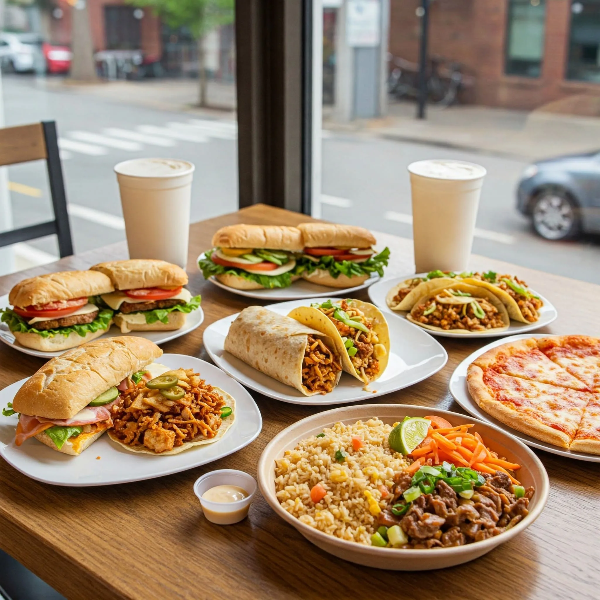 A variety of affordable and quick lunch options, including sandwiches, tacos, Asian takeout, and pizza, displayed on a table in a cozy urban setting.