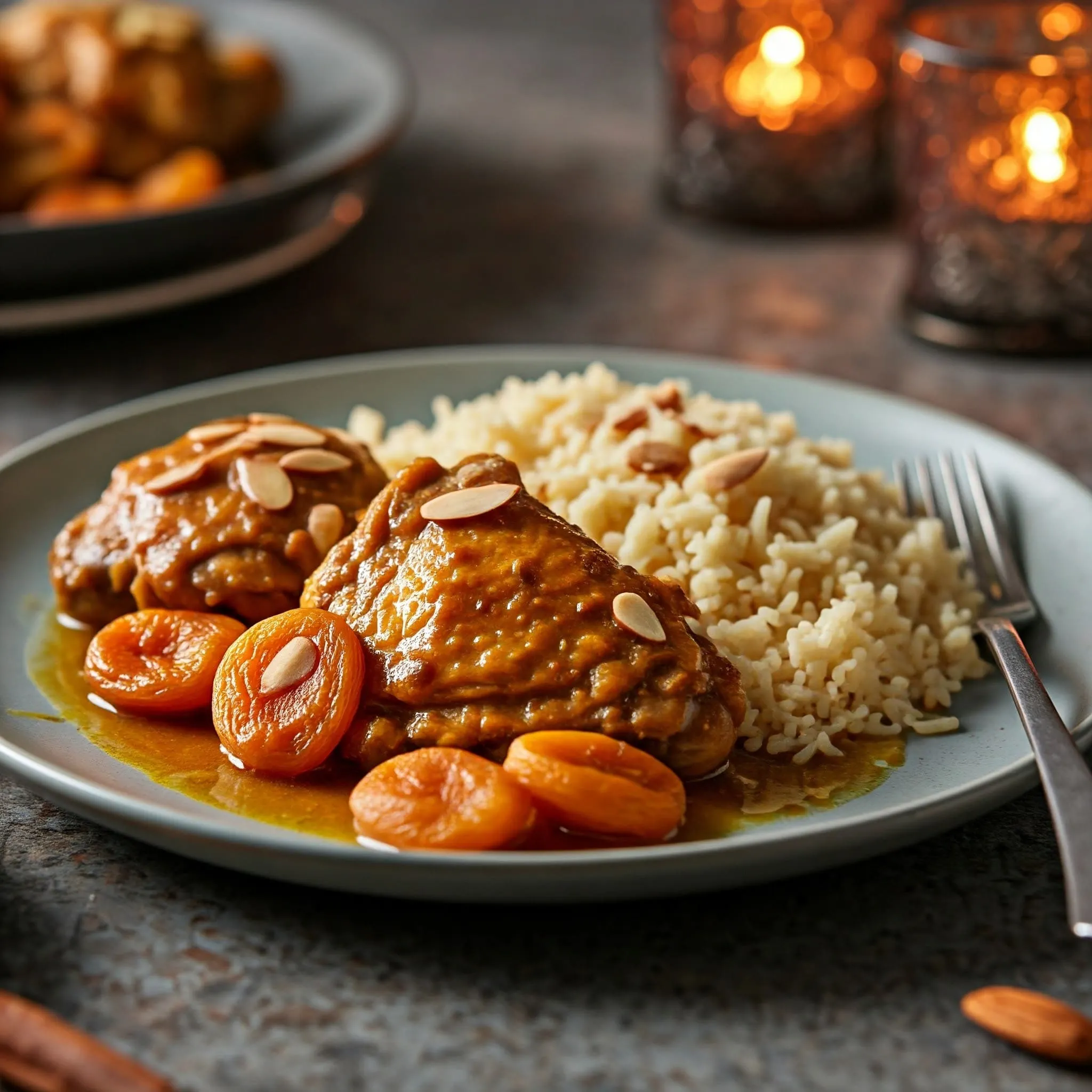 Chicken with apricots and almonds served with couscous, garnished with cinnamon, cumin, and toasted almonds.