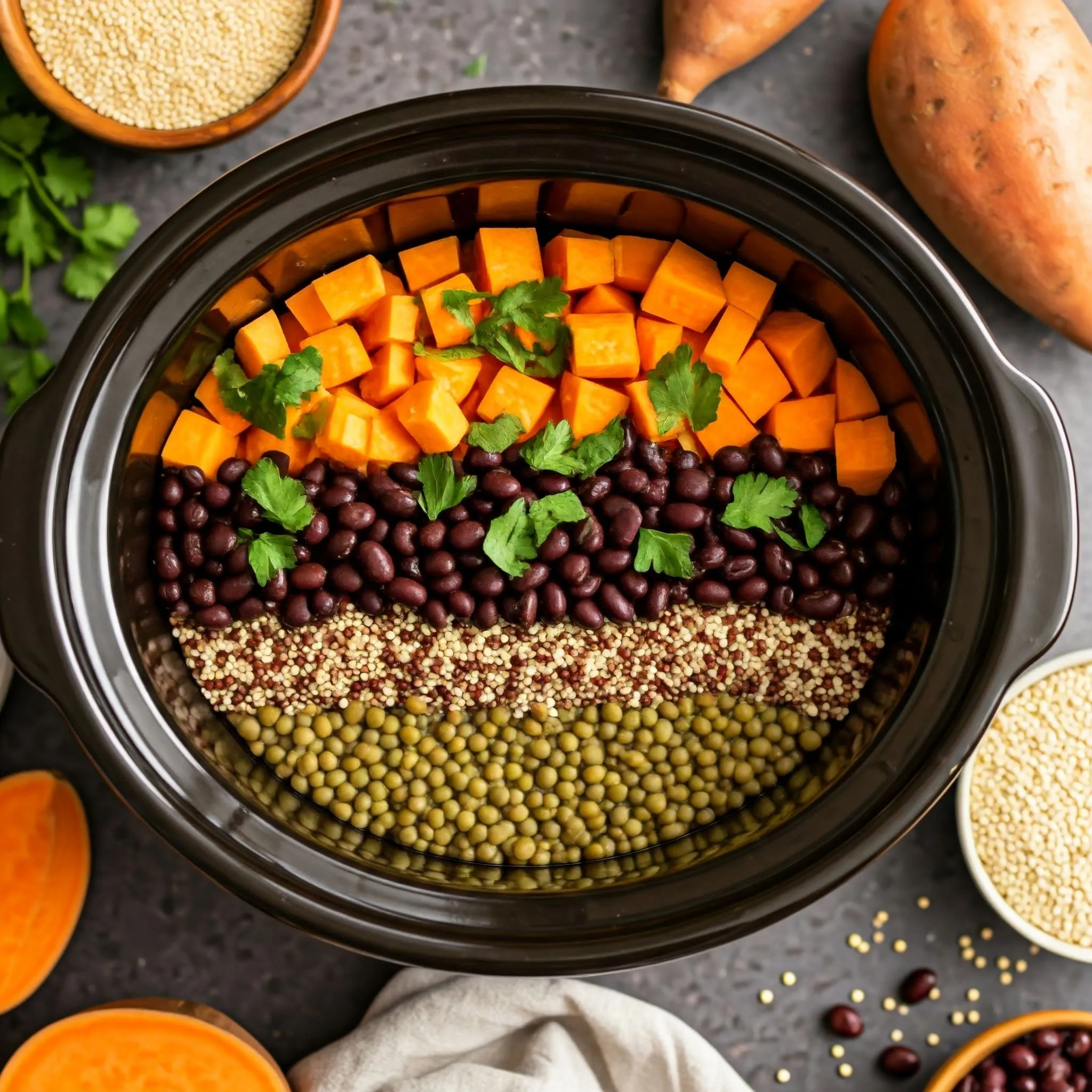 Crock pot layered with lentils, sweet potatoes, black beans, and quinoa, surrounded by fresh ingredients.