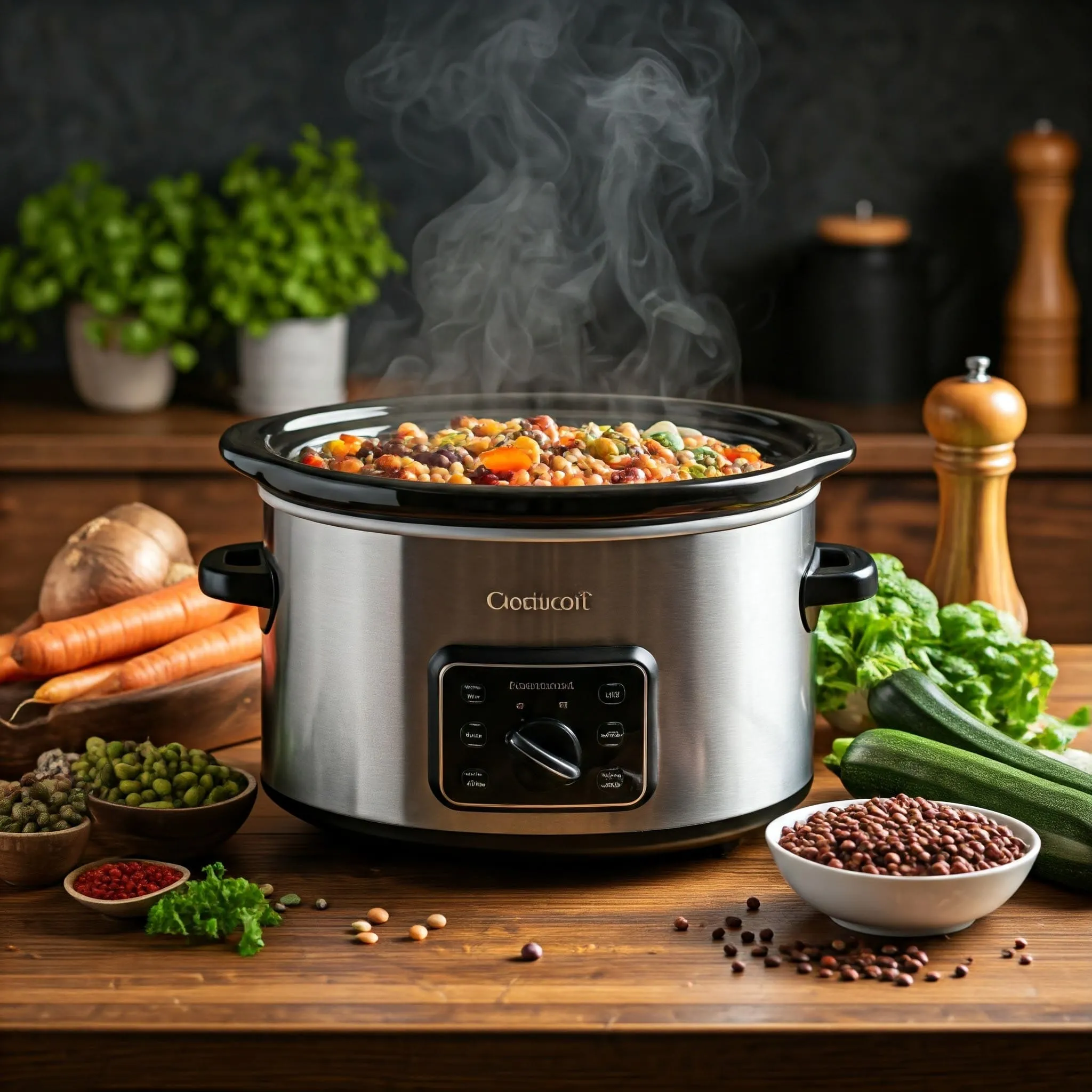 A slow cooker filled with a colorful assortment of beans, lentils, vegetables, and grains, surrounded by fresh ingredients and herbs on a rustic kitchen countertop.