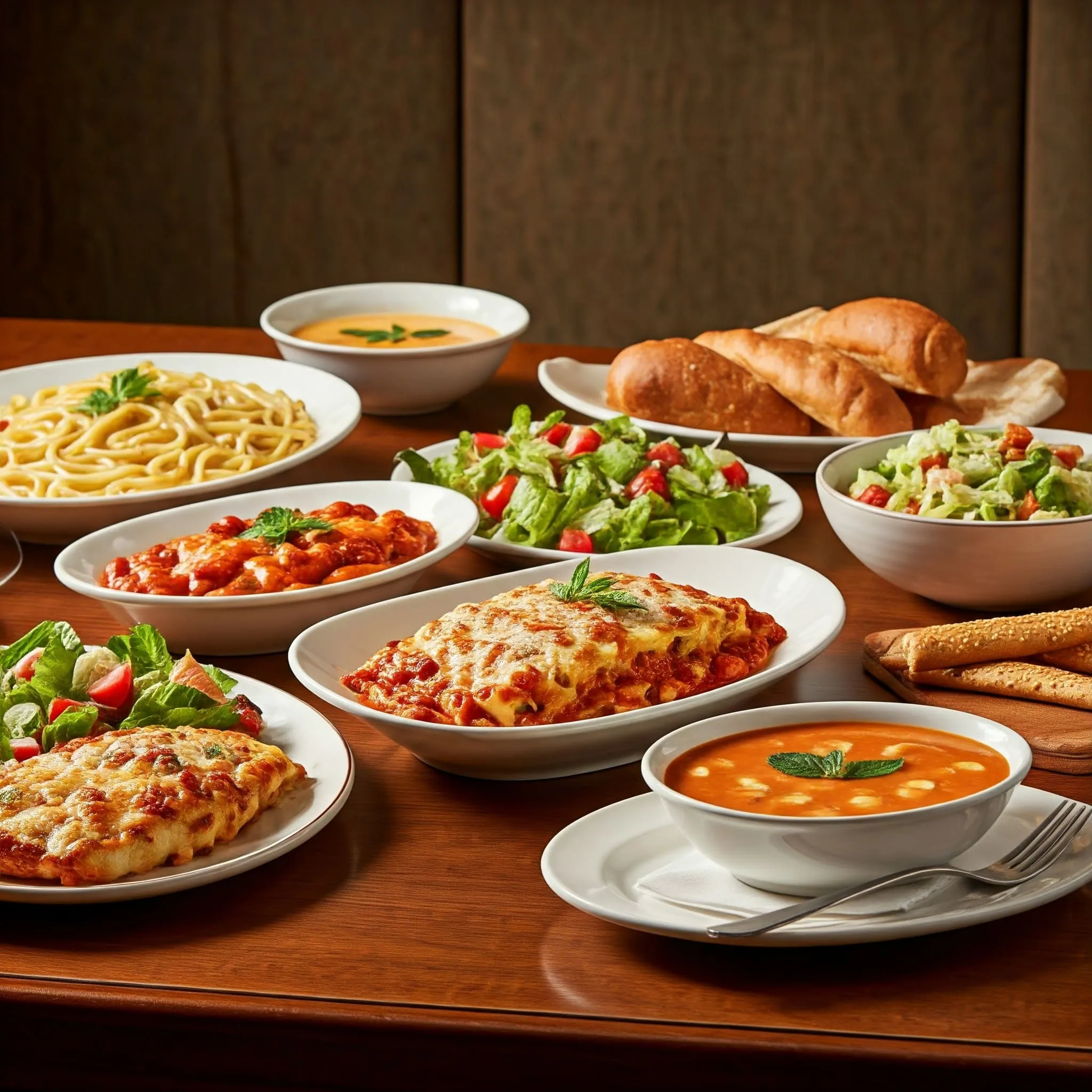 A family-style Olive Garden dining table with classic Italian-American dishes like Fettuccine Alfredo, Lasagna, Chicken Parmigiana, and Zuppa Toscana, surrounded by warm breadsticks, salad, and wine.