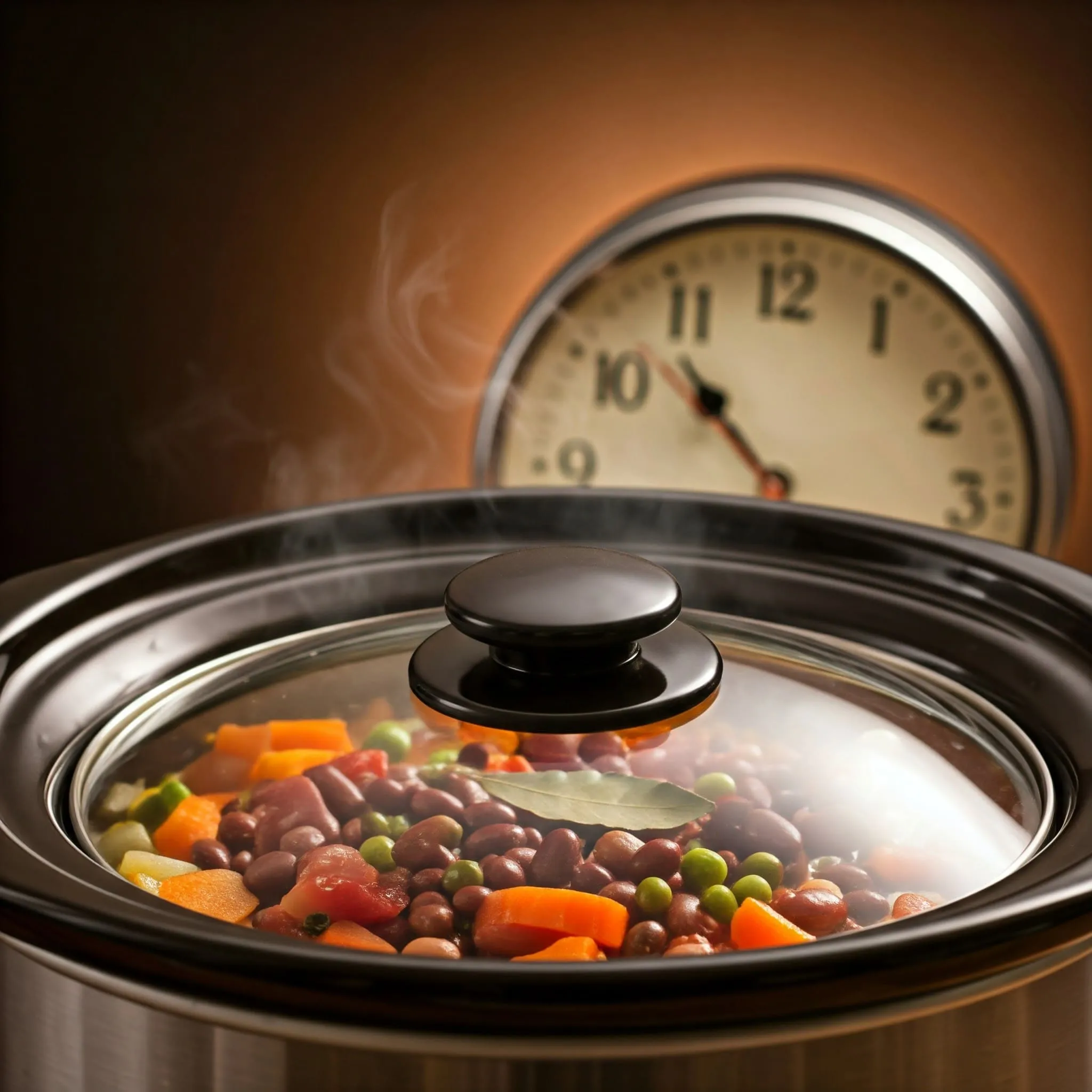 Crockpot cooking on low with vegetables and spices inside, ready to cook for 4-6 hours