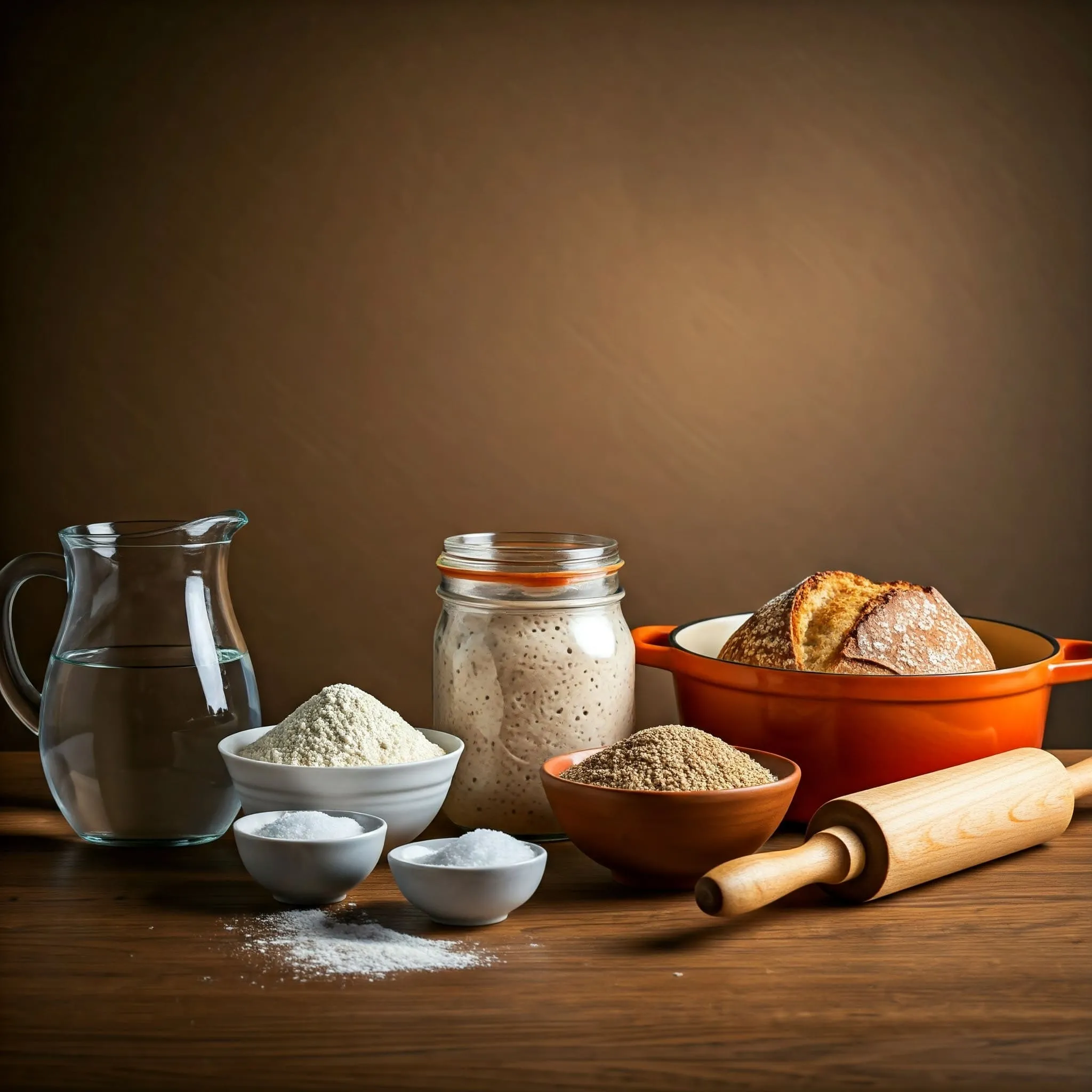 Essential ingredients and tools for sourdough baking, including sourdough starter, flours, water, salt, a proofing basket, a Dutch oven, and a bread lame in a cozy kitchen setting.