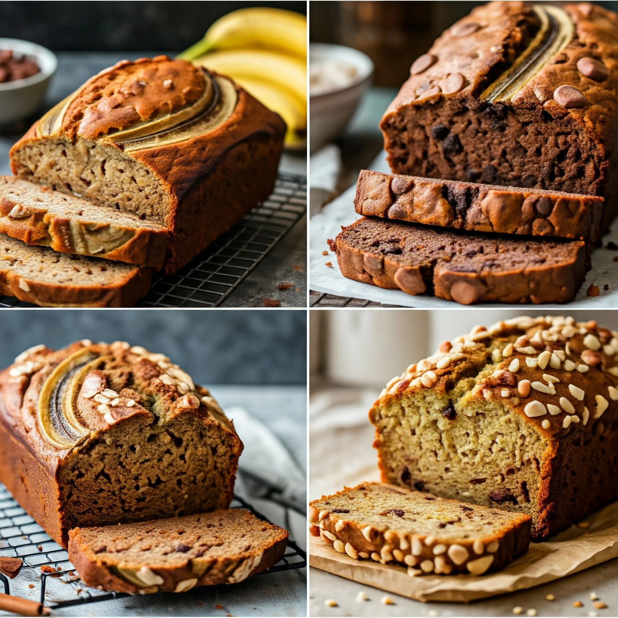 A vibrant collage of various homemade banana bread slices, each uniquely decorated with different toppings and ingredients such as nuts, seeds, and fruit.