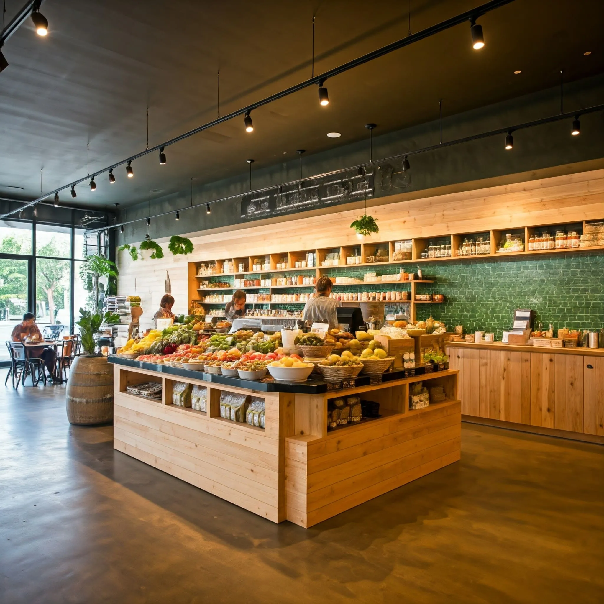 Healthy food market with fresh fruits, vegetables, smoothies, and nutritious snacks displayed in a vibrant, welcoming environment.