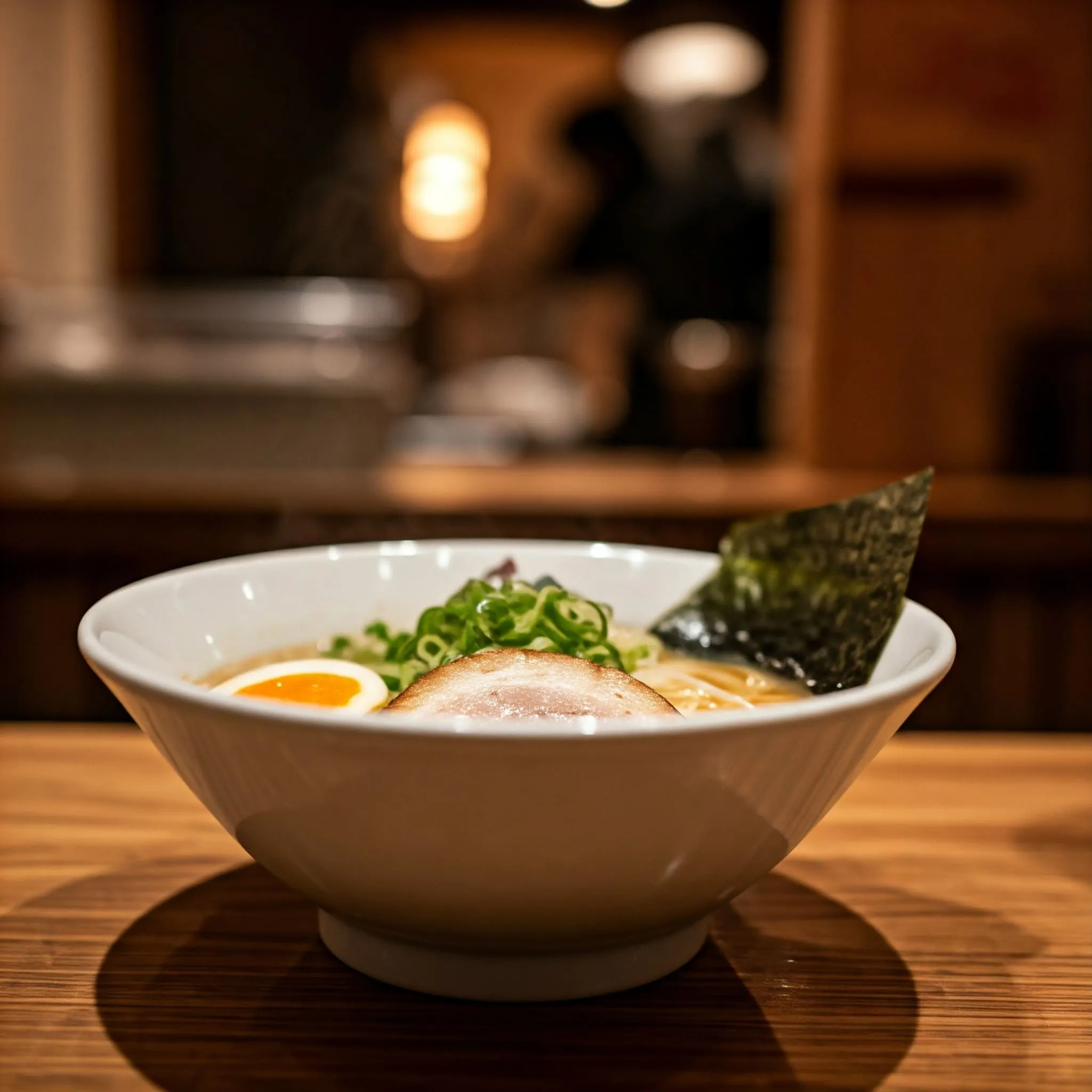 Steaming bowl of ramen with chashu pork, soft-boiled egg, and fresh toppings in a cozy ramen shop.