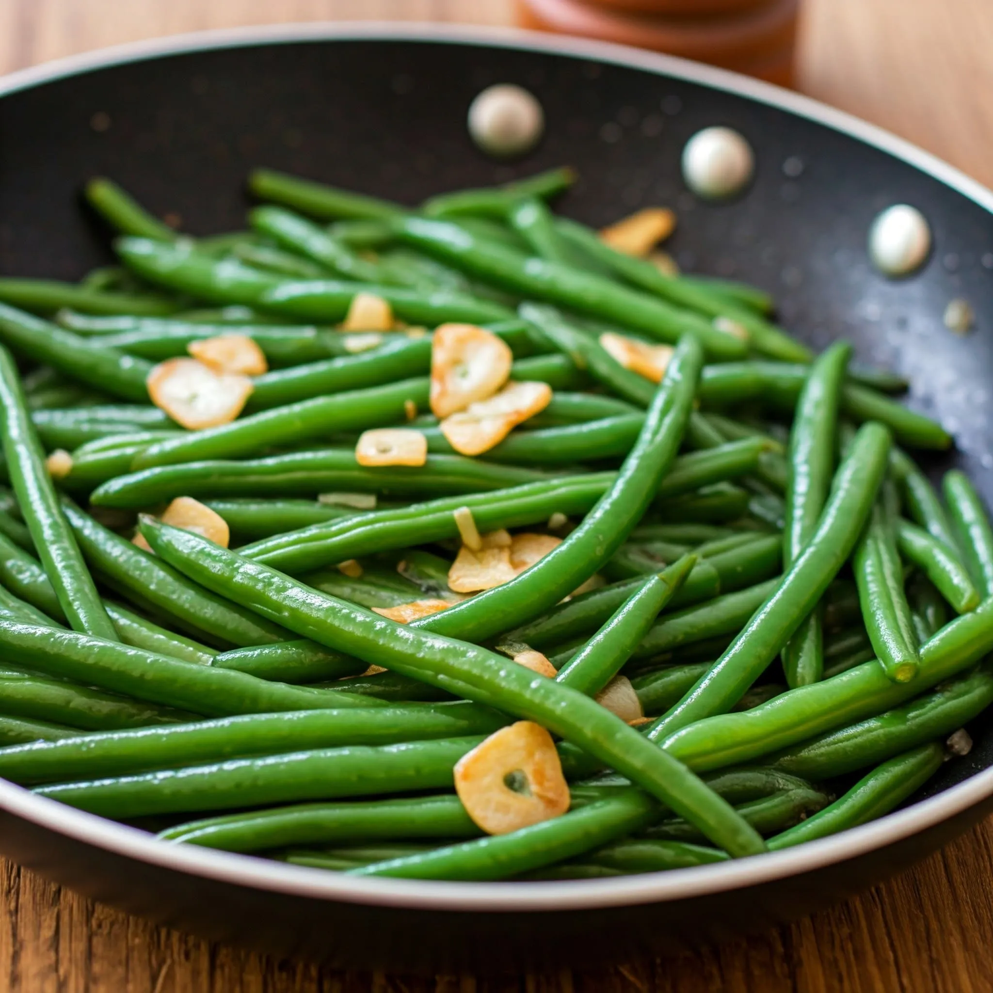 Sautéed garlic green beans in a skillet, glistening with olive oil and golden garlic pieces.