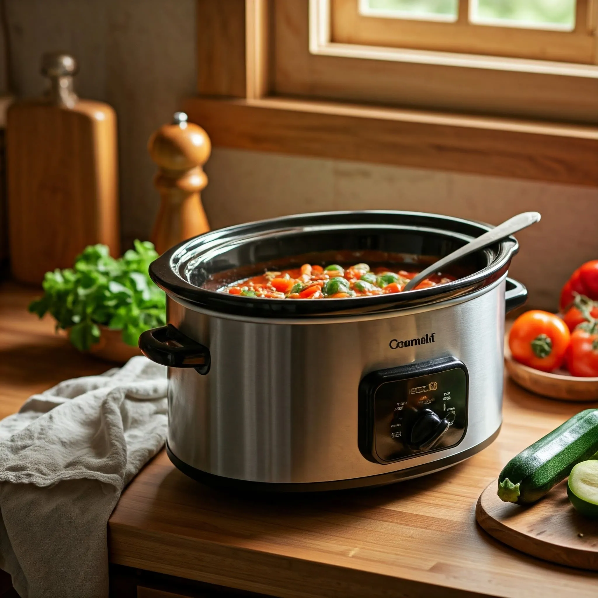 Slow cooker filled with a vibrant, hearty meatless vegetable stew on a wooden kitchen counter with fresh vegetables and herbs nearby.