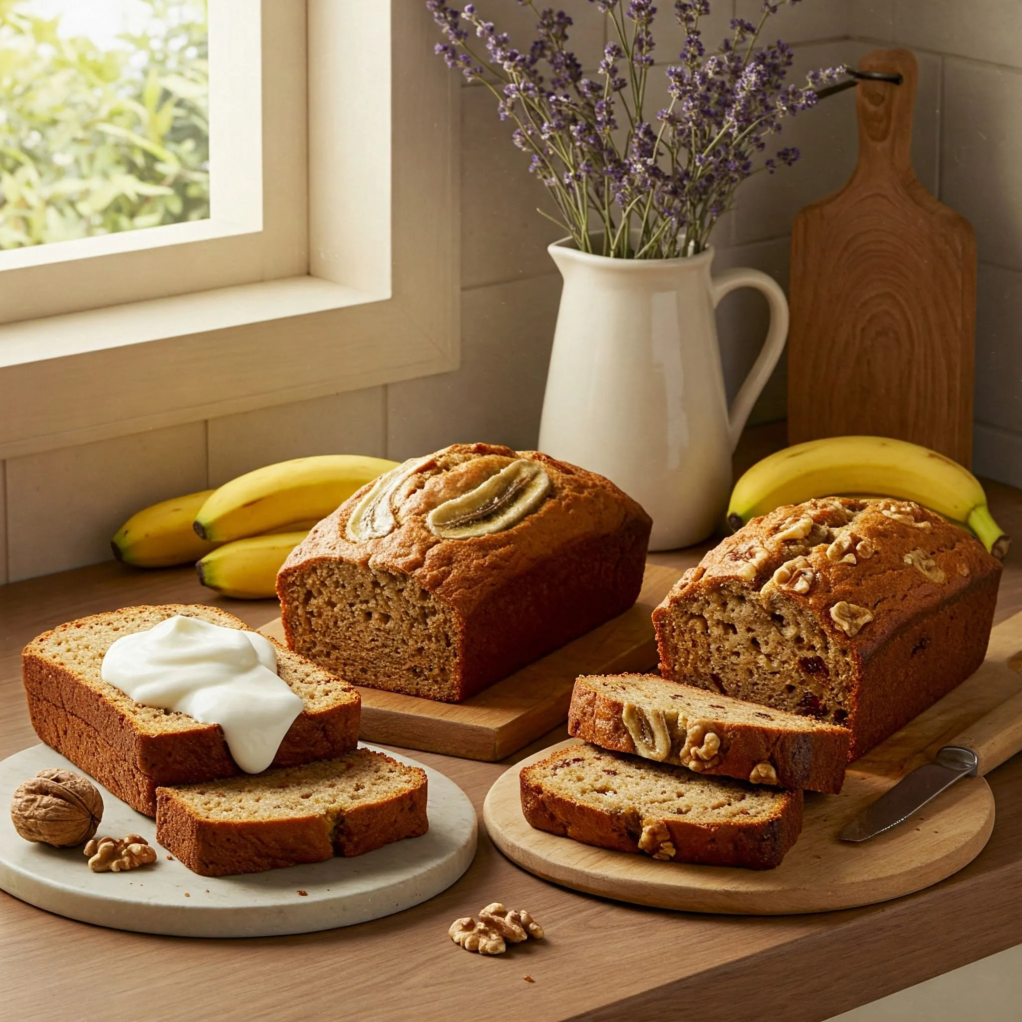 A variety of banana bread loaves displayed on a cozy kitchen countertop, showcasing different variations like classic banana bread, banana loaf bread, and banana bread with walnuts and dried fruit.