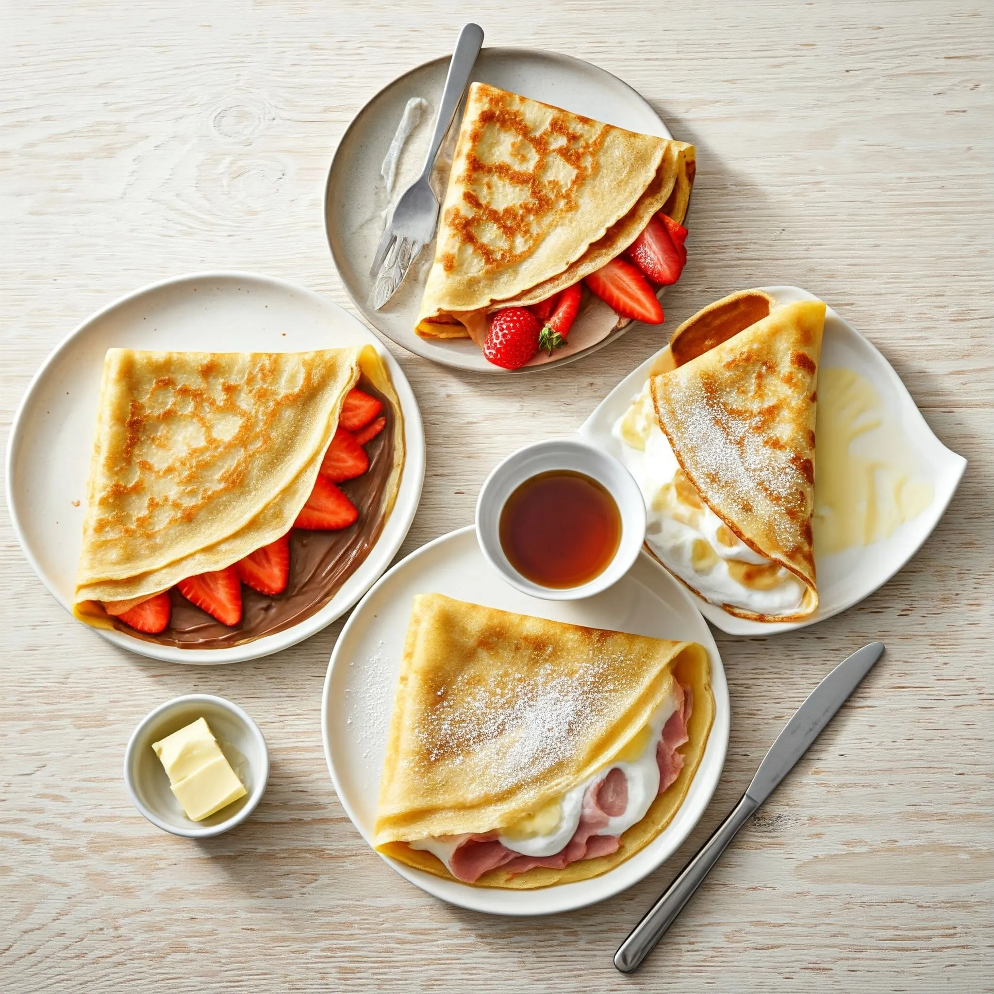 A stack of golden-brown crêpes filled with a variety of sweet and savory toppings.