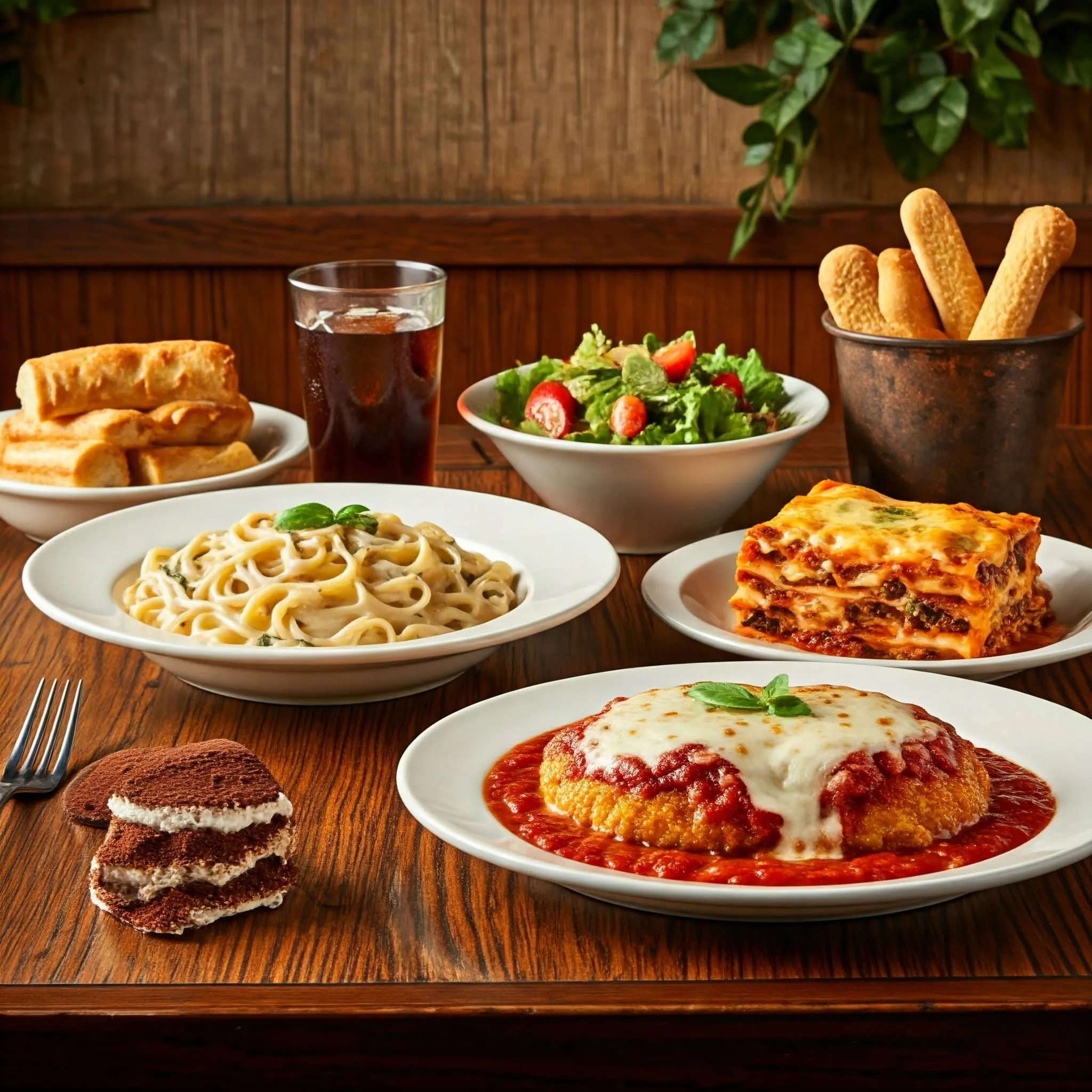 A table set with iconic Olive Garden Italian dishes including Fettuccine Alfredo, Lasagna Classico, Chicken Parmigiana, and Tiramisu, along with breadsticks and a side salad.