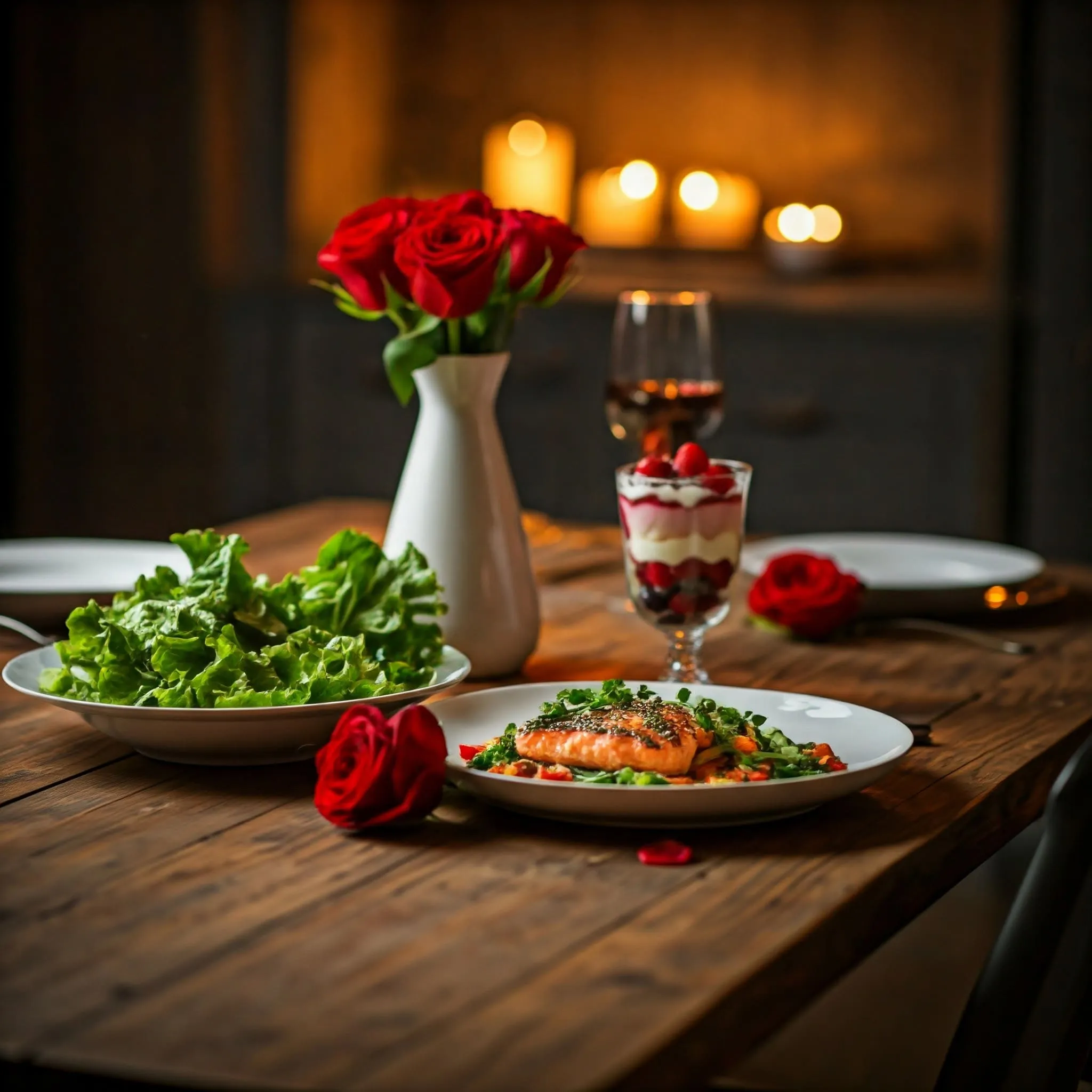 Romantic Valentine's Day dinner with healthy, delicious dishes, including a vibrant salad, grilled chicken, and fruit parfait, set in a cozy and intimate dining atmosphere.