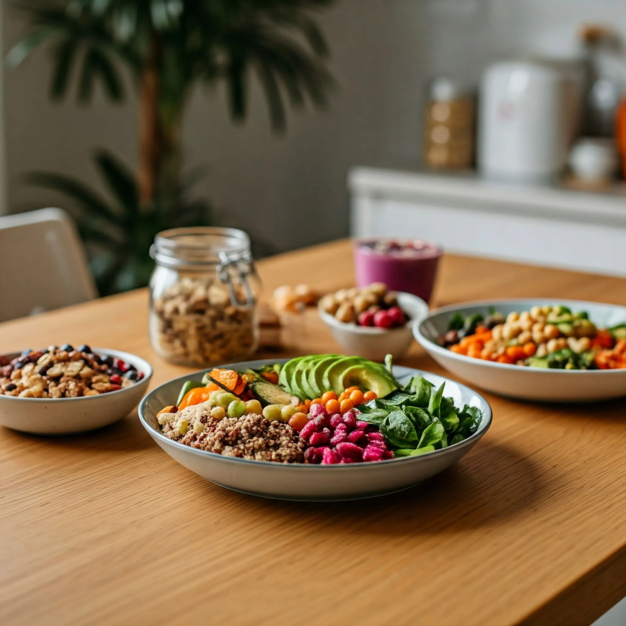 Colorful and healthy vegan meals on a wooden table in a bright kitchen, including a Buddha bowl, salad, and smoothie bowl.