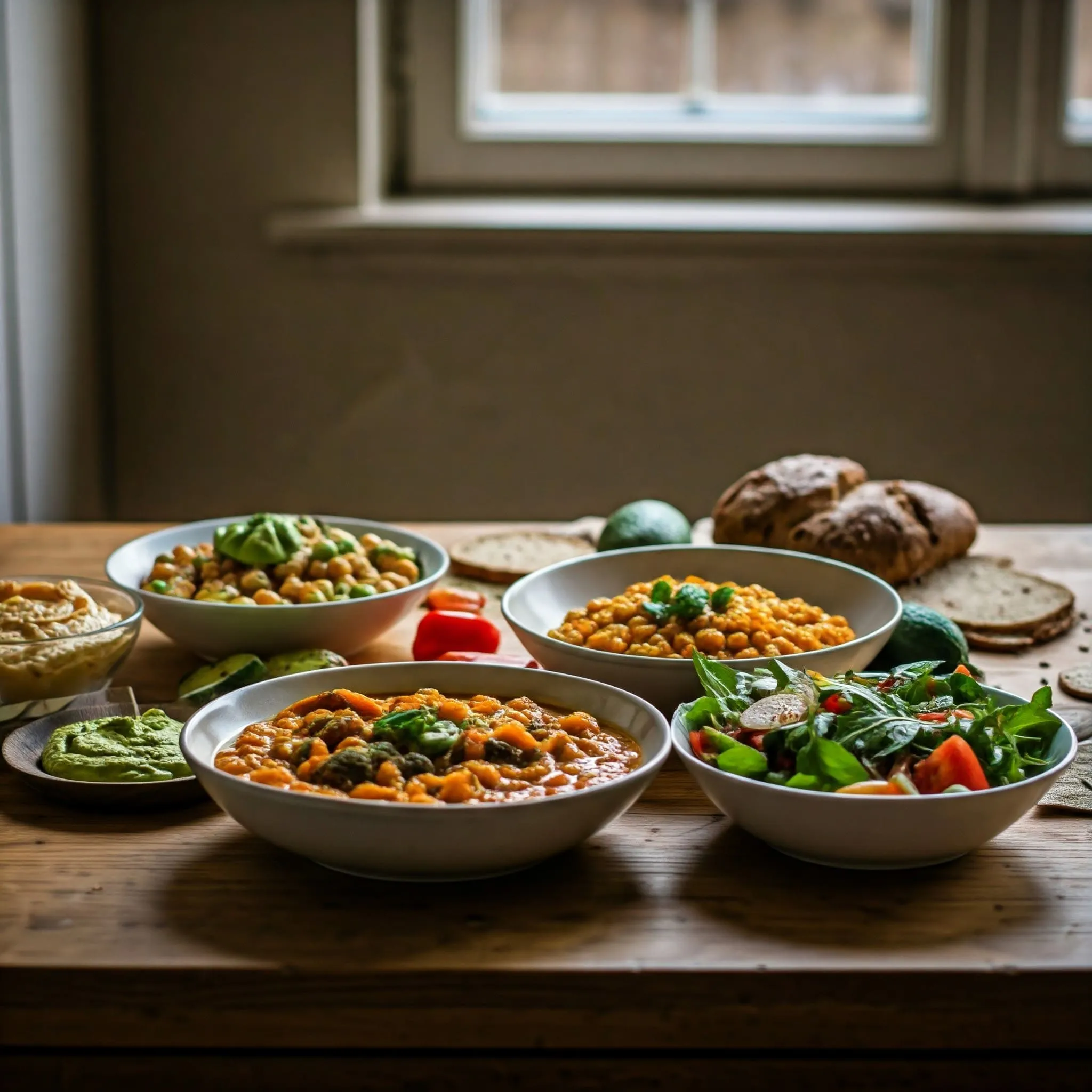 A cozy kitchen with a variety of fresh vegan dishes, including lentil stew, roasted vegetables, quinoa, avocado, chickpeas, hummus, and a side salad.