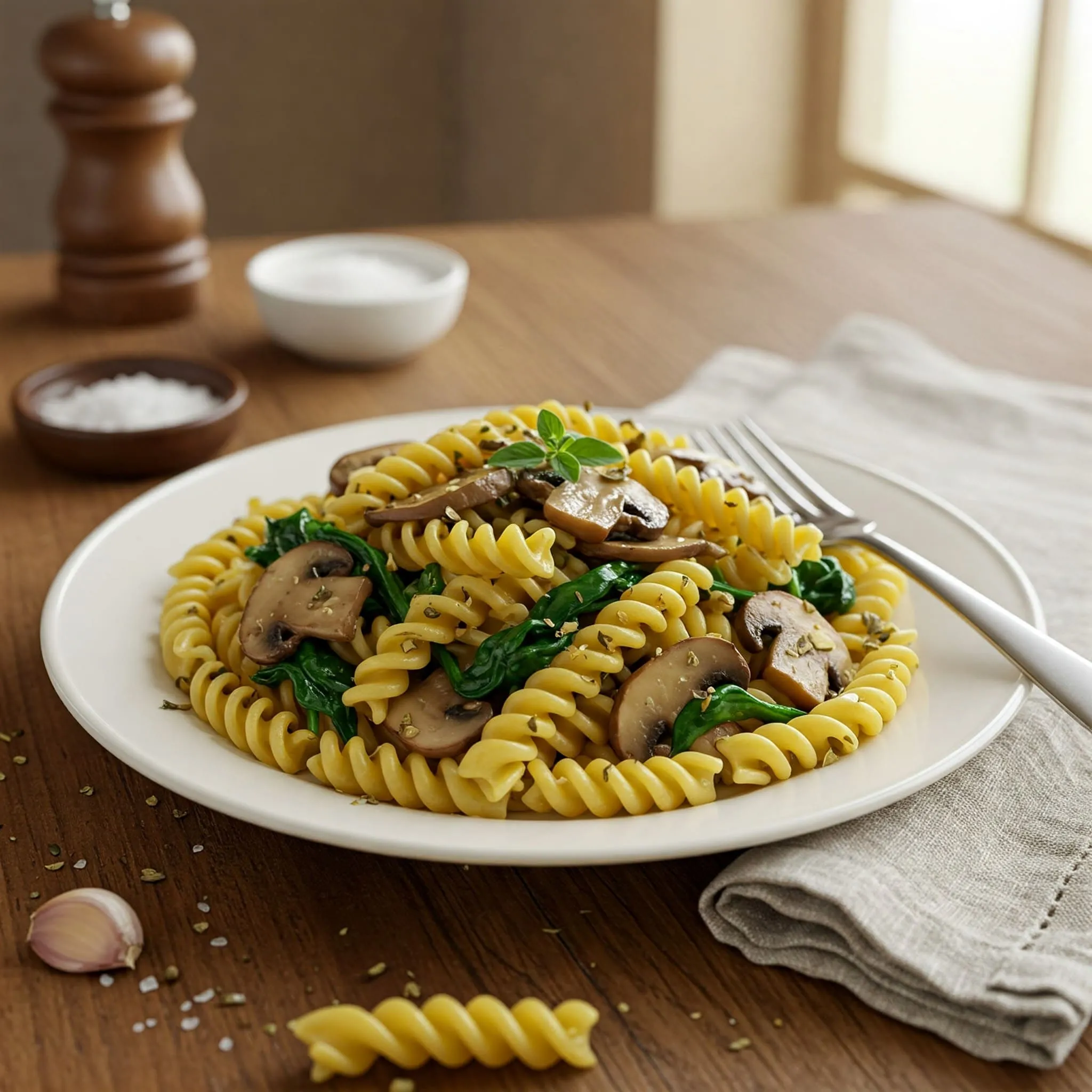 Mushroom and Spinach Fusilli pasta with sautéed mushrooms, spinach, and garlic, served on a rustic plate.