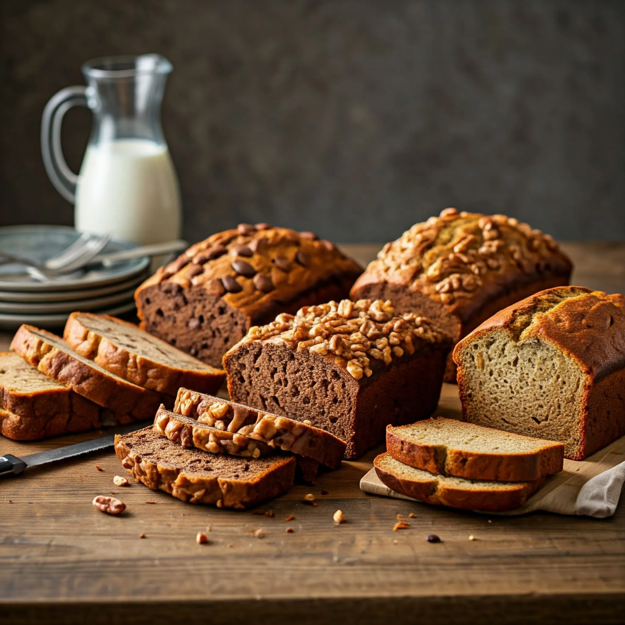 Assortment of banana bread variations, including classic, chocolate chip, nutty, vegan, and gluten-free, displayed on a rustic wooden table.