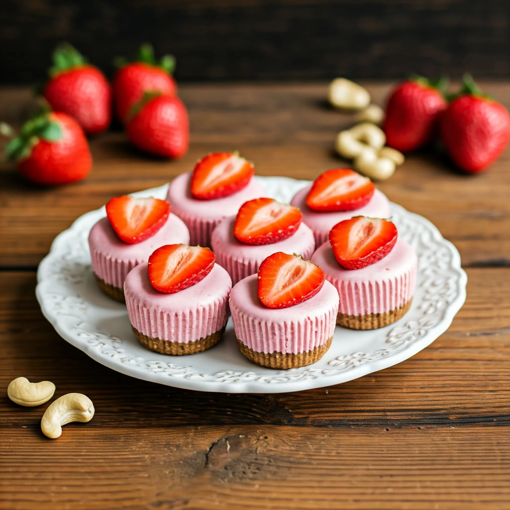 Vegan Strawberry Cheesecake Bites: A Fresh, Dairy-Free Treat Vegan Strawberry Cheesecake Bites on a white plate with fresh strawberries and cashews scattered around