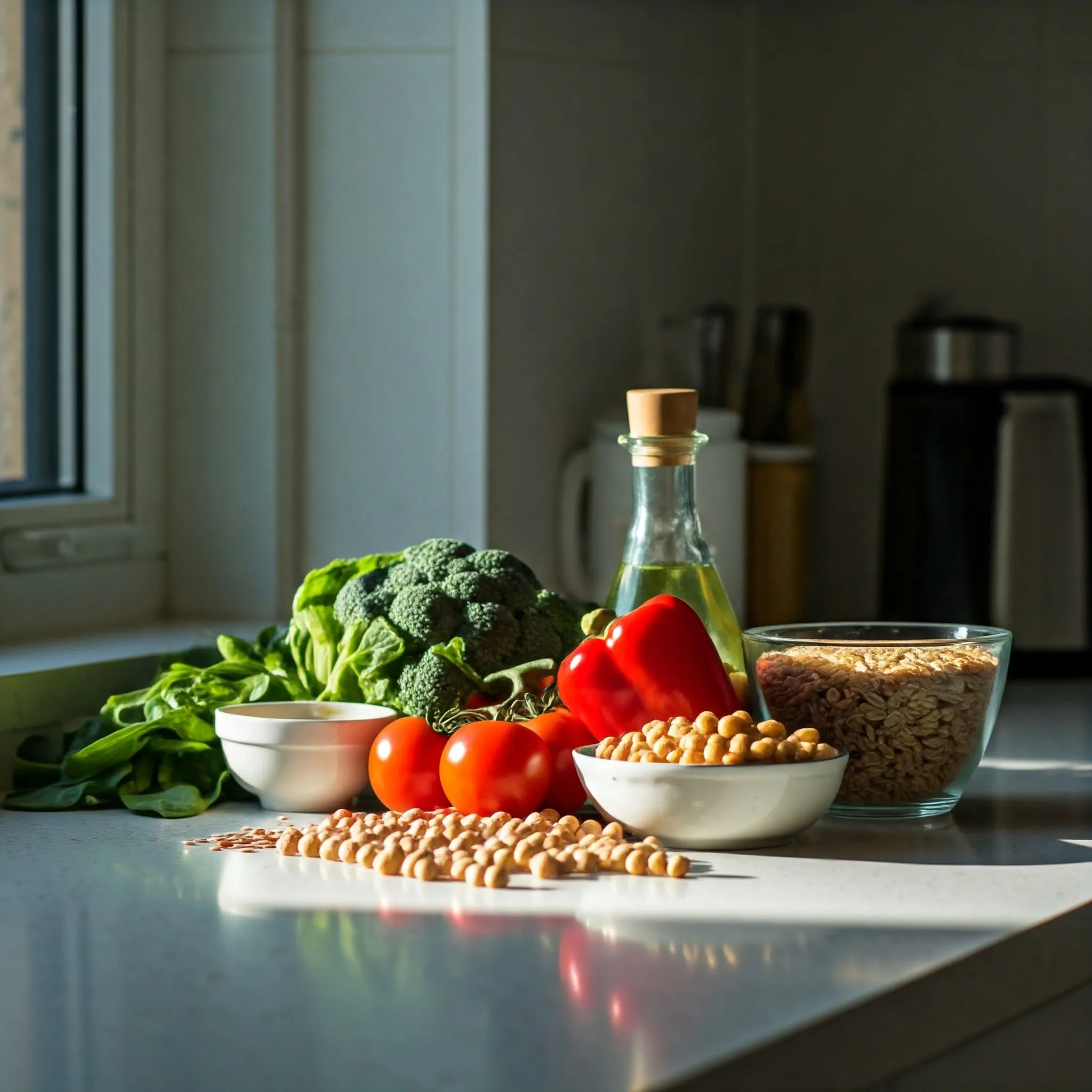 Bright and organized kitchen counter with fresh ingredients for a quick and healthy vegan meal, including vegetables, quinoa, and chickpeas.