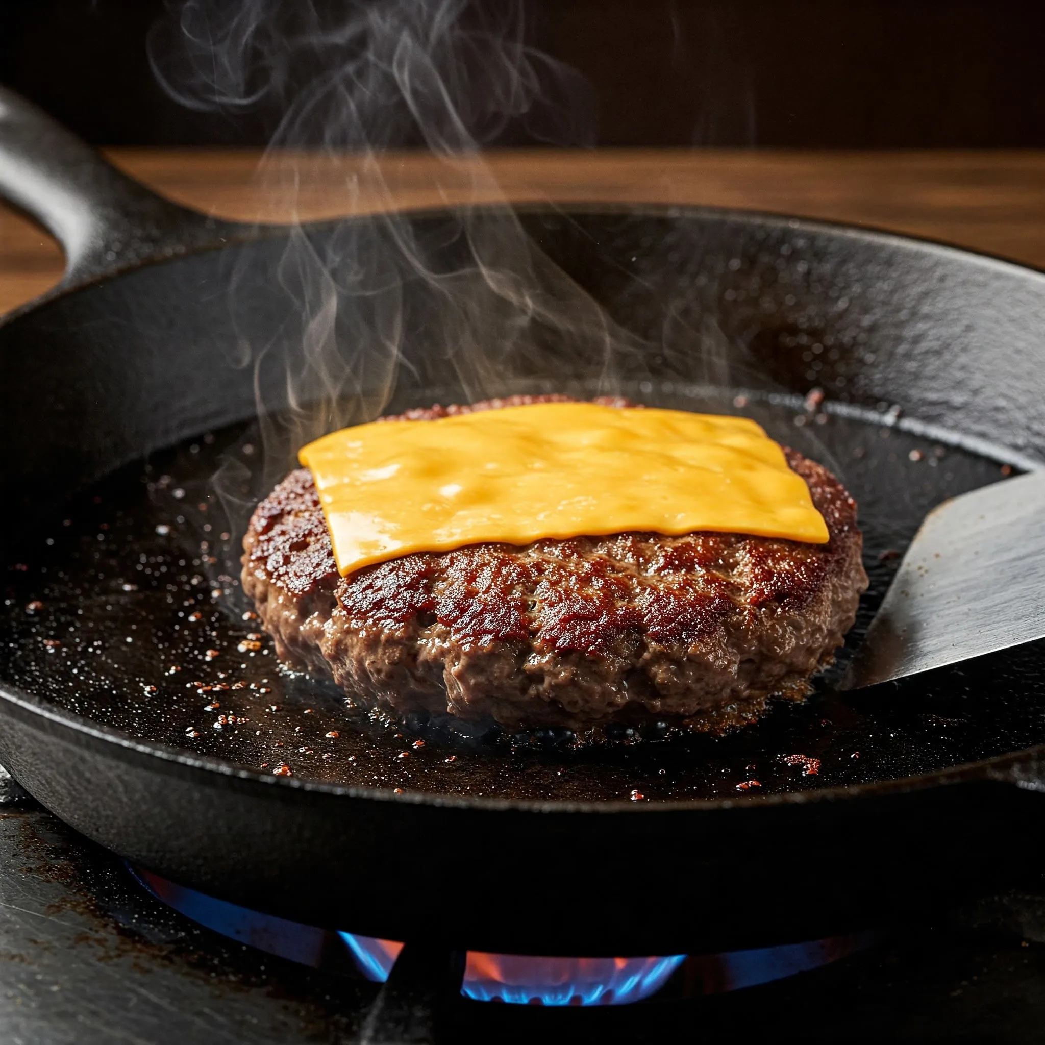 Sizzling smashburger with crispy, golden edges and melted cheese, cooked on a hot cast iron skillet.