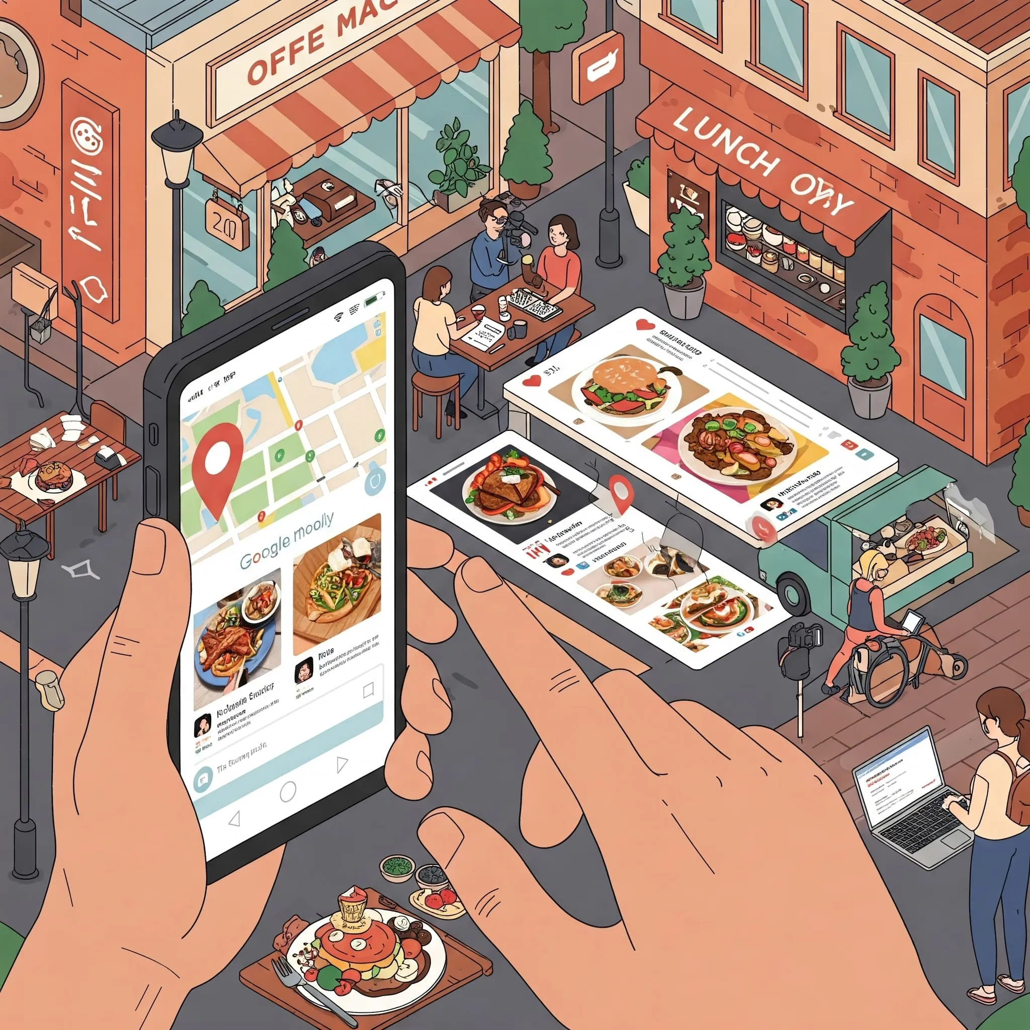 lunch ideas near me :Person using smartphone to explore lunch options on Google Maps and Yelp, with vibrant city restaurants and social media elements in the background.