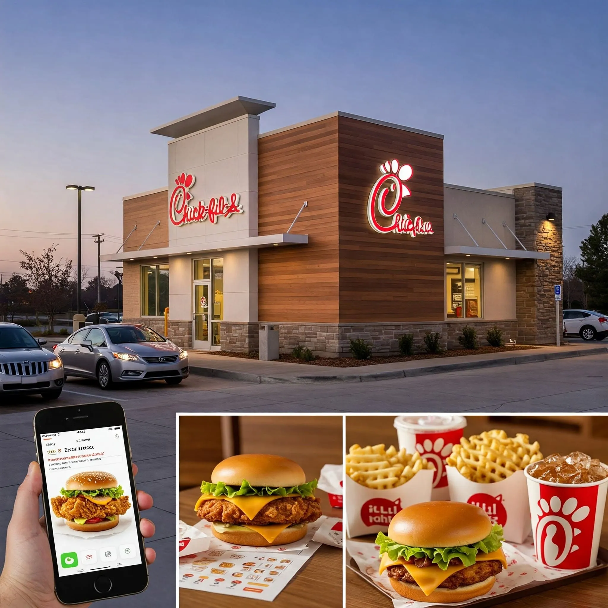 A Chick-fil-A restaurant with a drive-thru lane, cozy interior, and a visible mobile phone displaying the Chick-fil-A app.