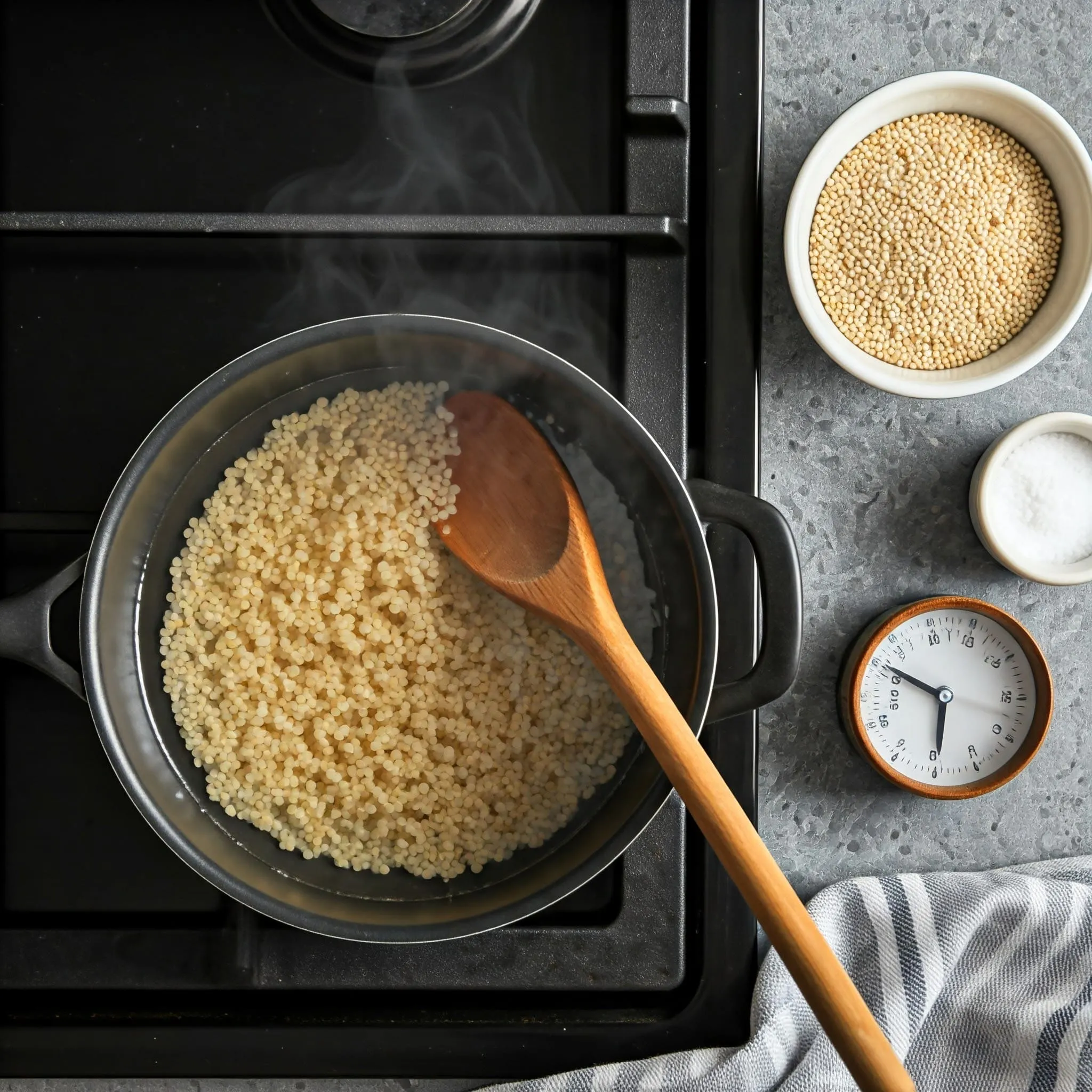 Close-up of quinoa cooking in a saucepan with water boiling and steam rising, showing a healthy and simple cooking process.