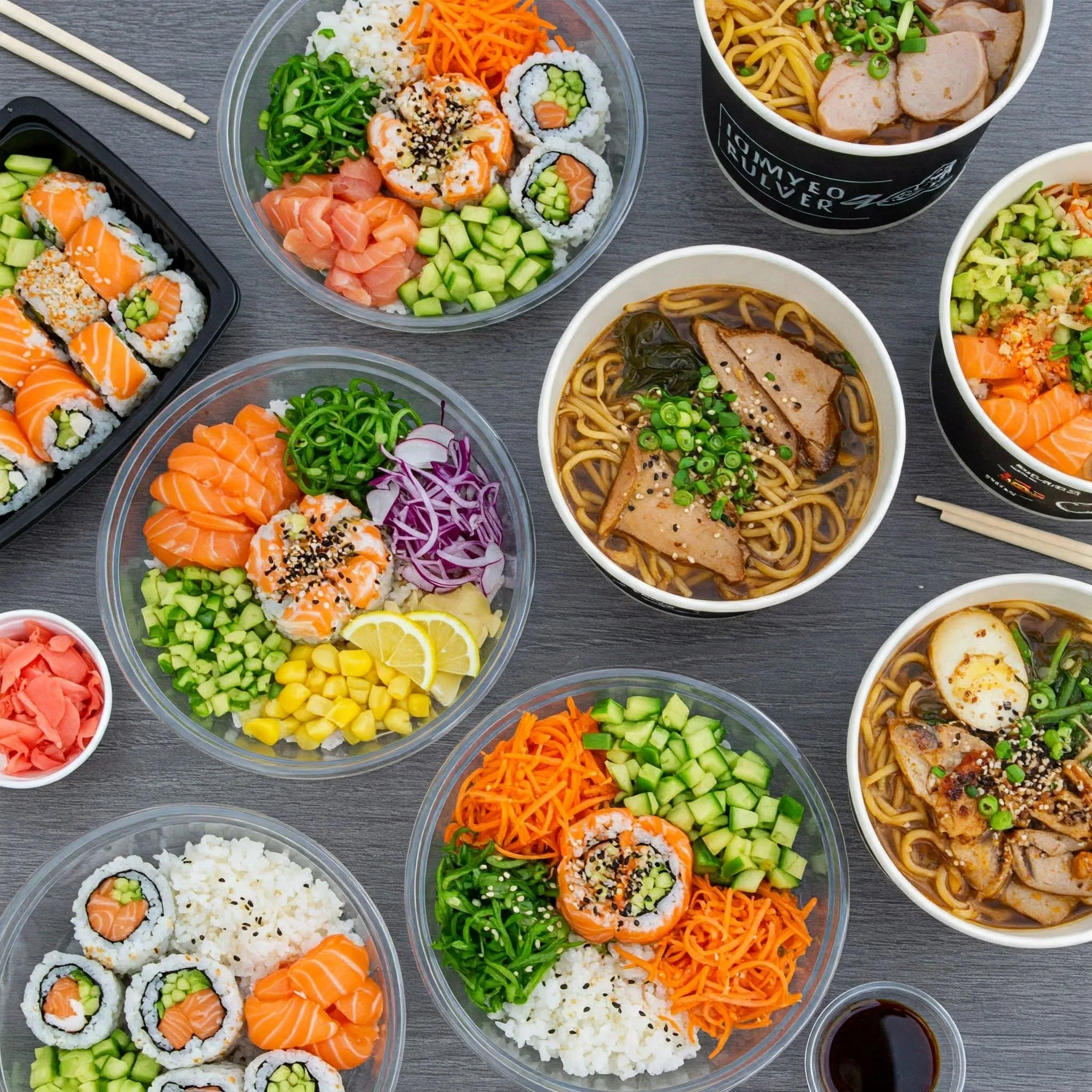 lunch ideas near me A selection of lunch takeout and delivery options including sushi rolls, poke bowls, ramen, and comfort food, with delivery bags in a modern, cozy setting.