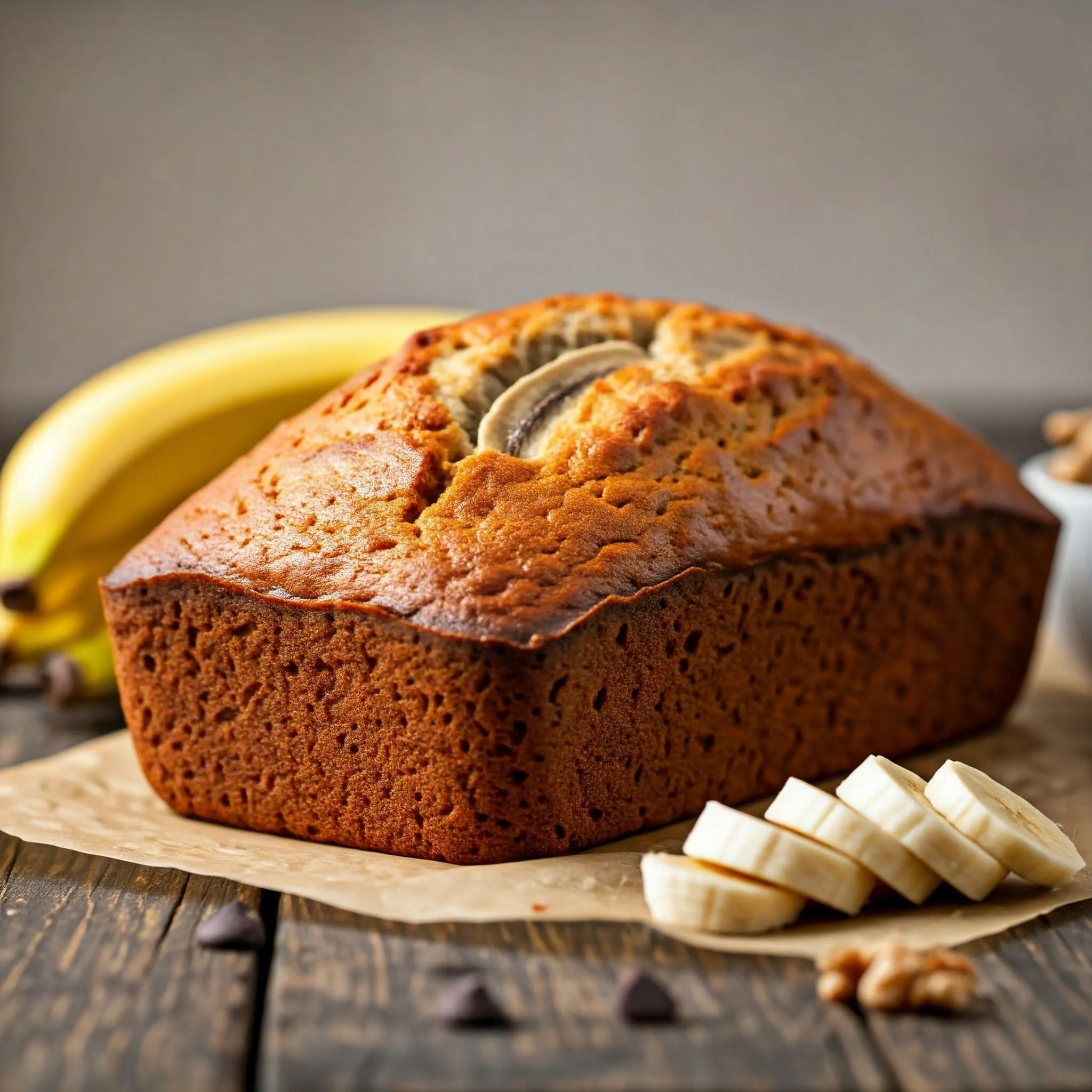 Freshly baked banana loaf bread with sliced bananas and optional mix-ins like walnuts or chocolate chips on a rustic wooden table.