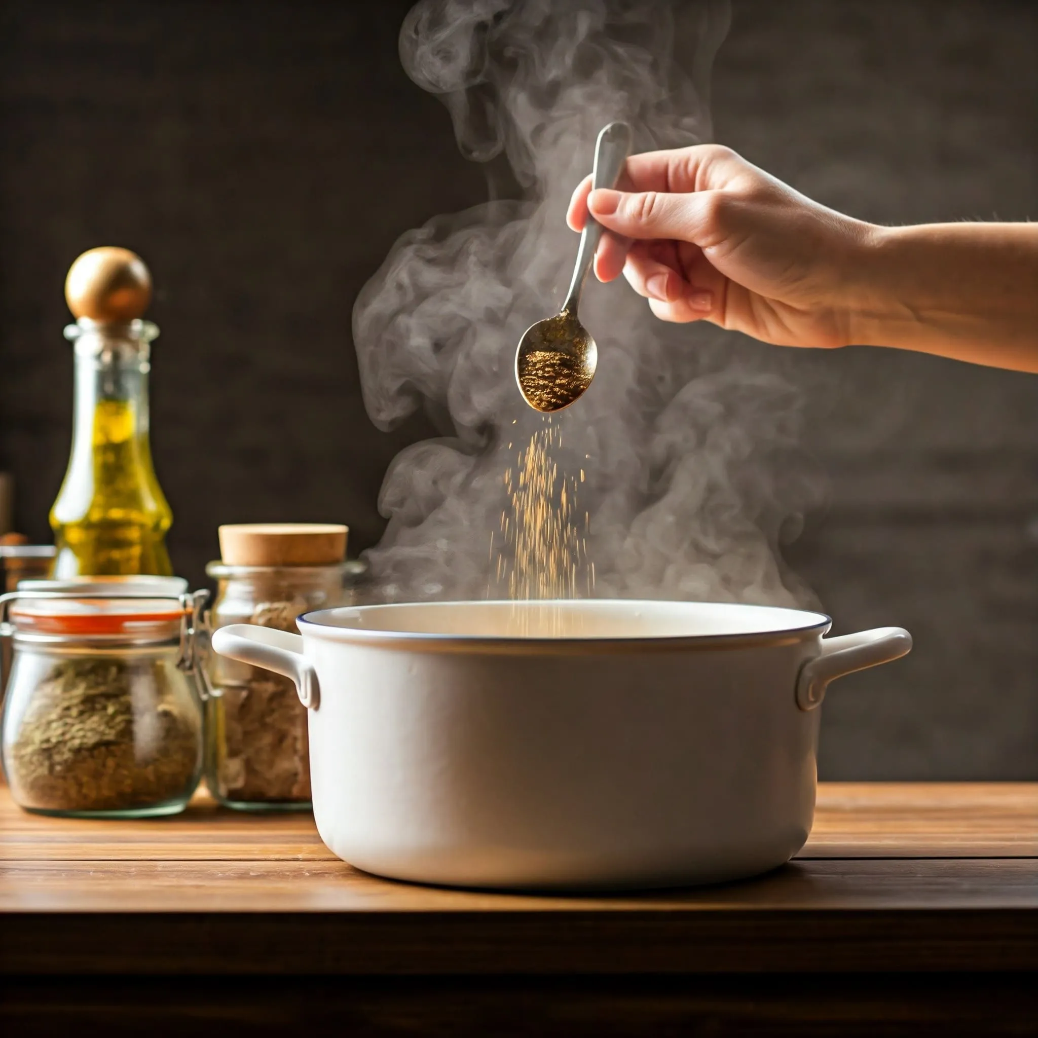 A chef adding spices to a pot of cabbage soup, with ingredients like salt, pepper, oregano, paprika, and turmeric visible.