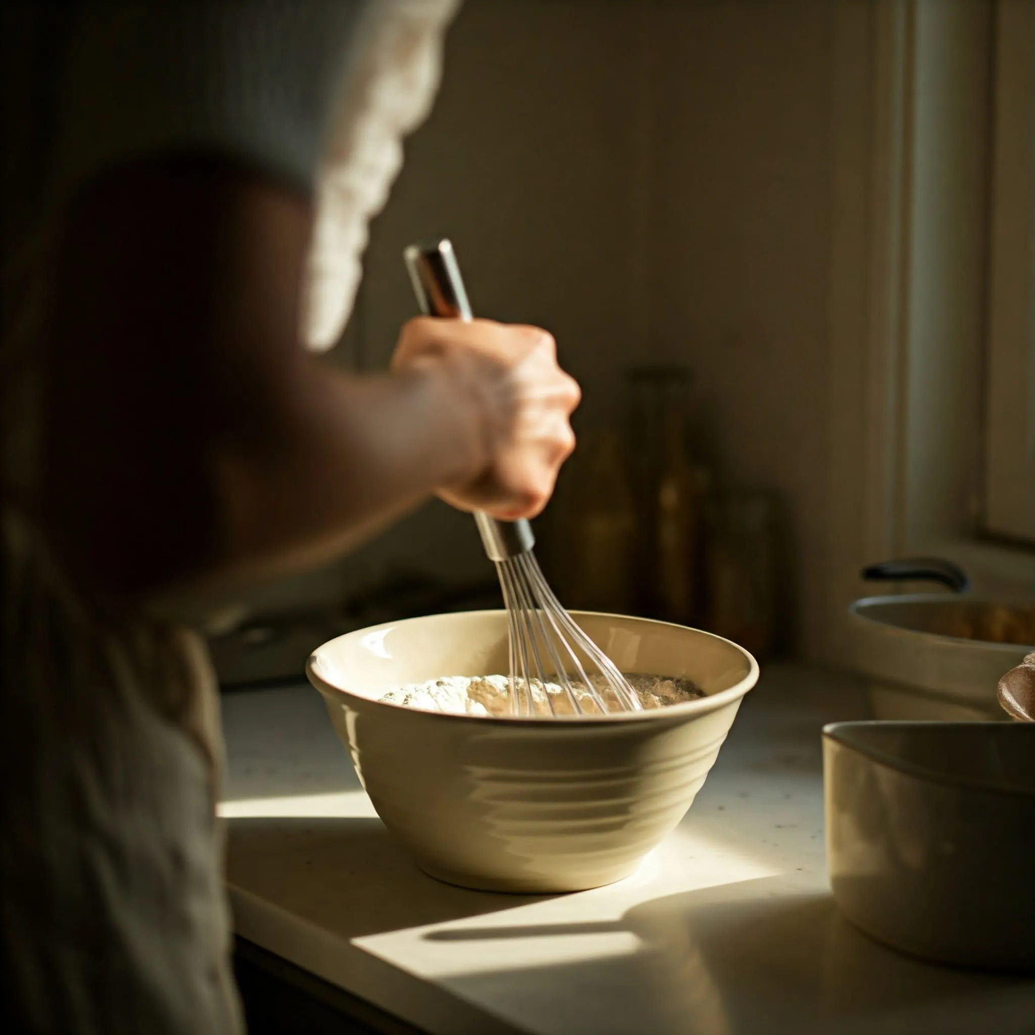 A bowl of smooth banana bread batter ready to be baked.