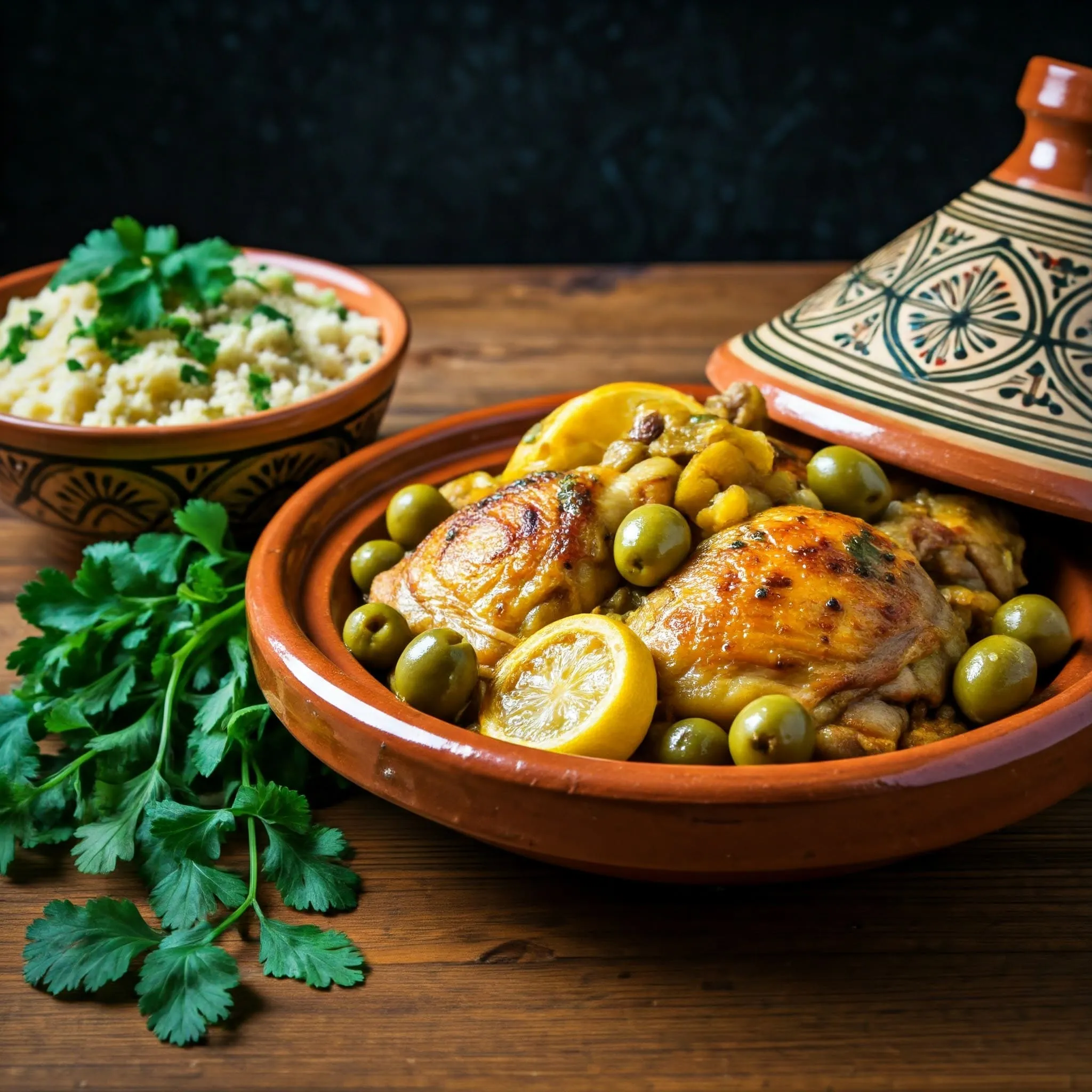 Moroccan chicken tagine with olives, preserved lemons, and spices, garnished with fresh cilantro and served with couscous.