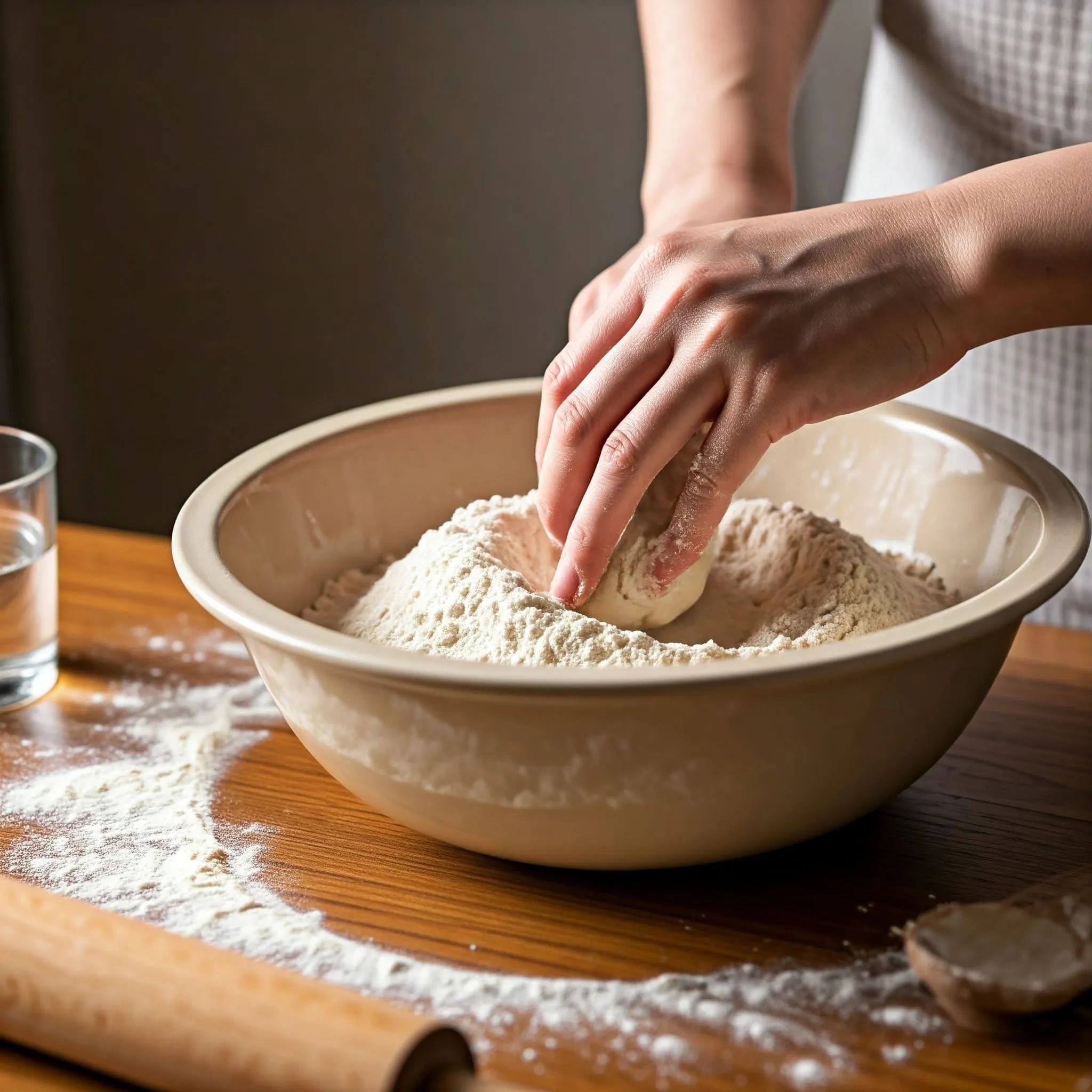 Close-up of hands mixing flour, salt, and kansui to prepare ramen dough on a wooden kitchen countertop.