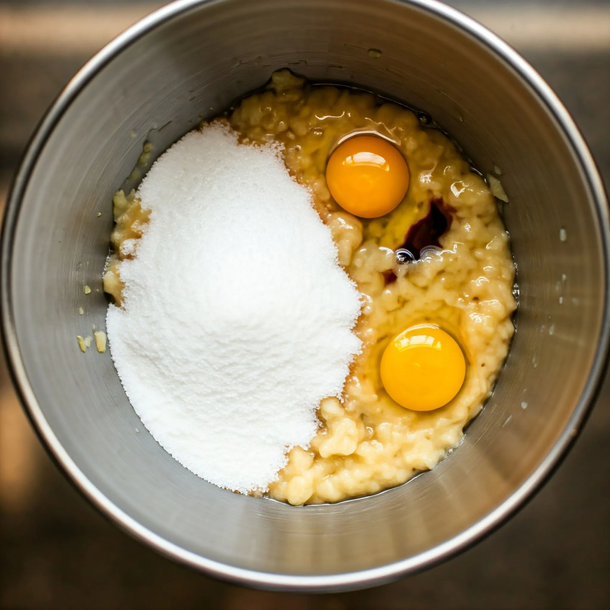 A bowl filled with mashed bananas, sugar, eggs, and vanilla extract.