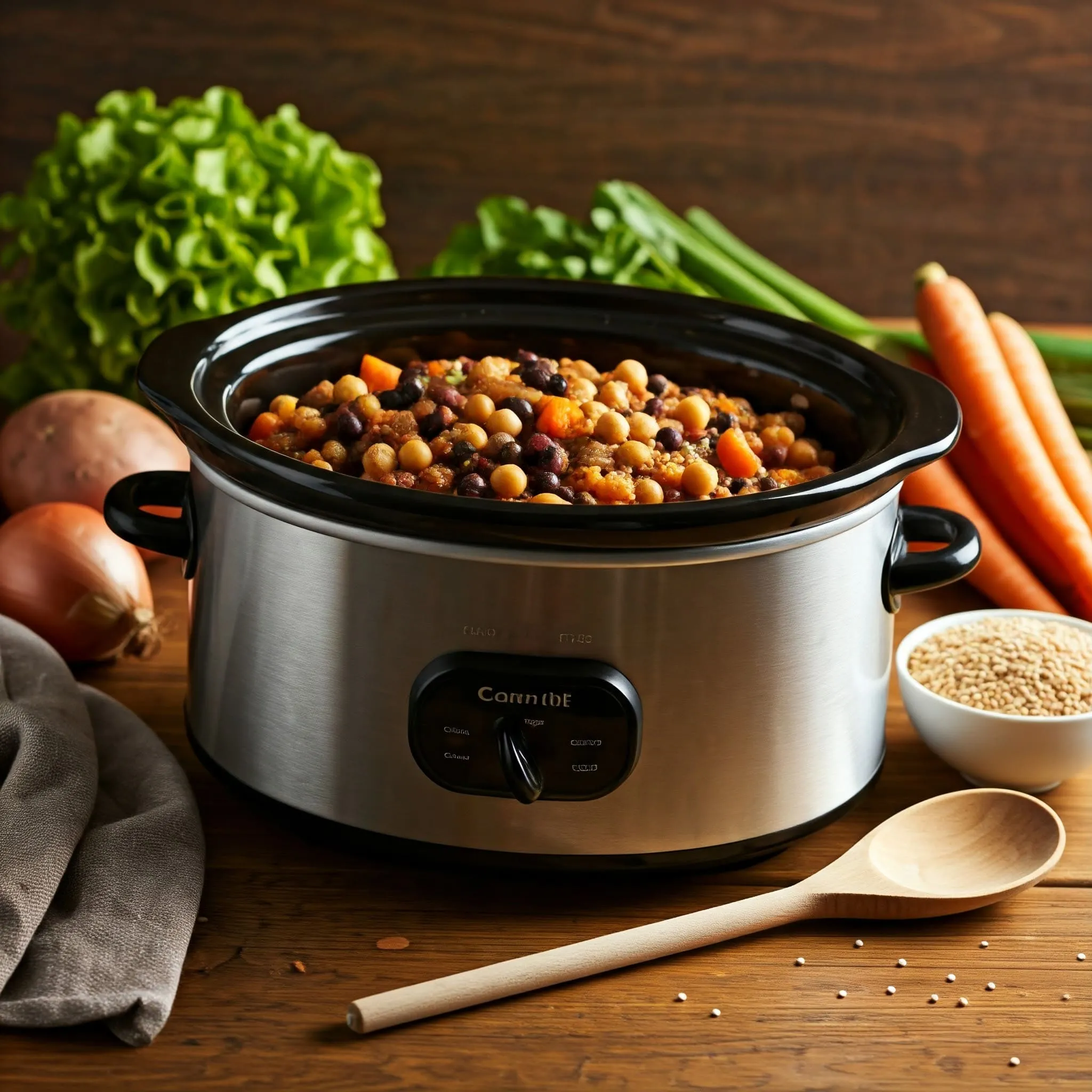 Crock pot filled with a hearty meatless stew made from sweet potatoes, chickpeas, lentils, and black beans, surrounded by fresh vegetables and spices.