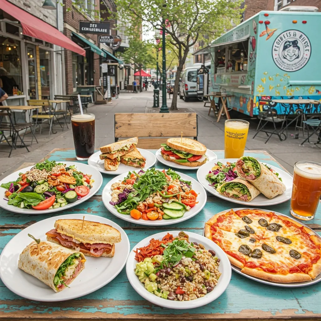 lunch ideas near me A variety of lunch options including salads, sandwiches, wraps, and pizza slices on a table, with people enjoying their meals at local cafes and food trucks.