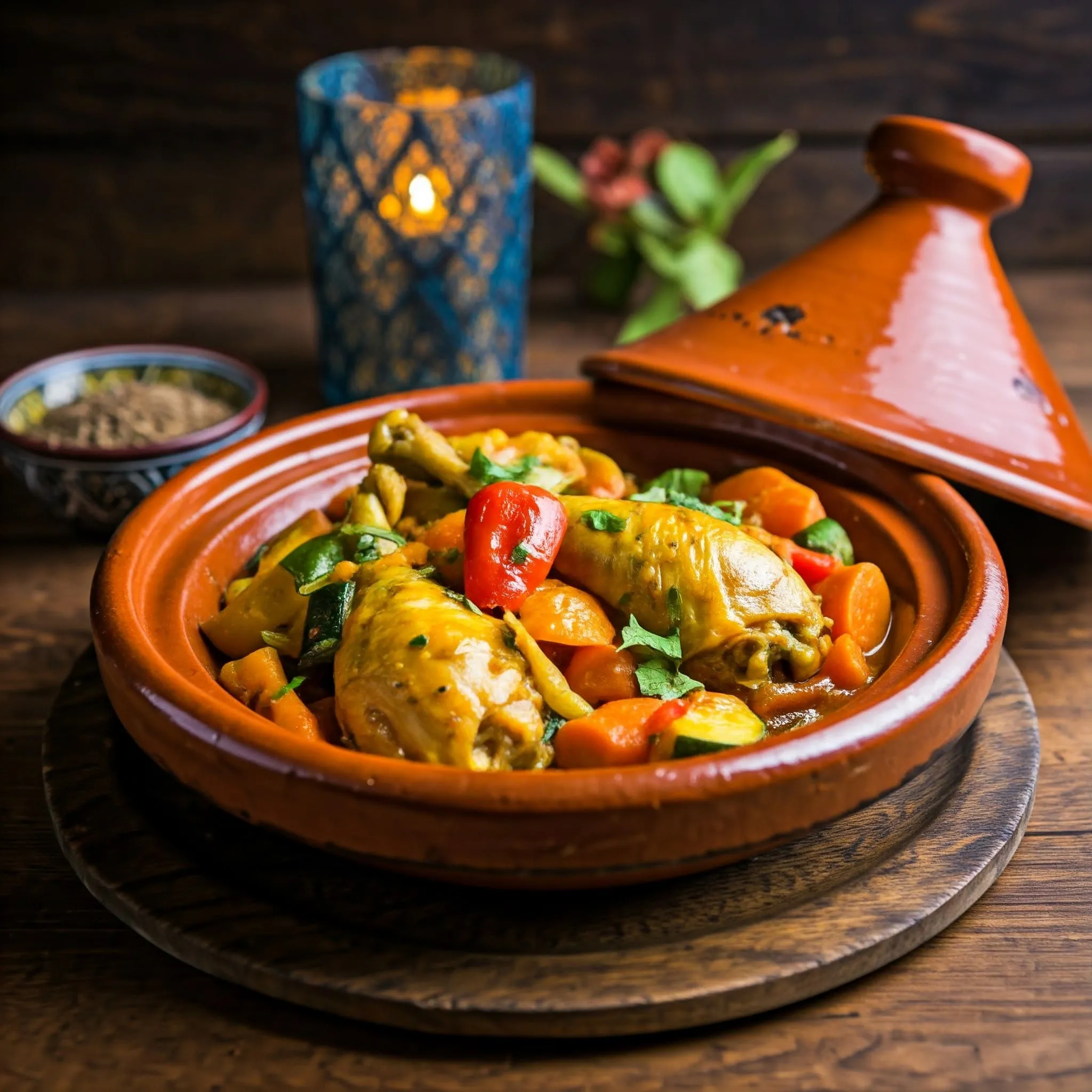 A flavorful chicken tagine with vegetables, served with couscous in a traditional Moroccan tagine pot.