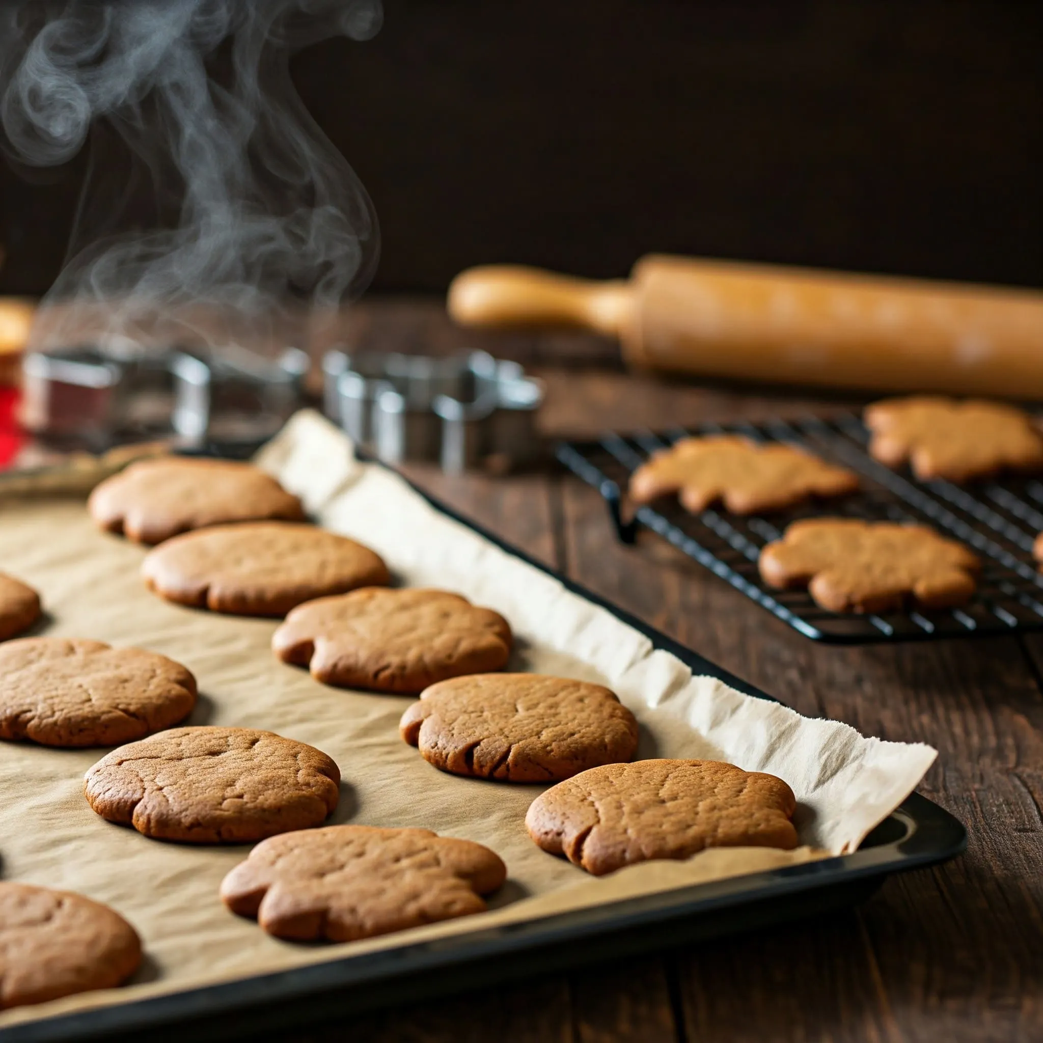 Freshly baked gingerbread cookies cooling on a wire rack.