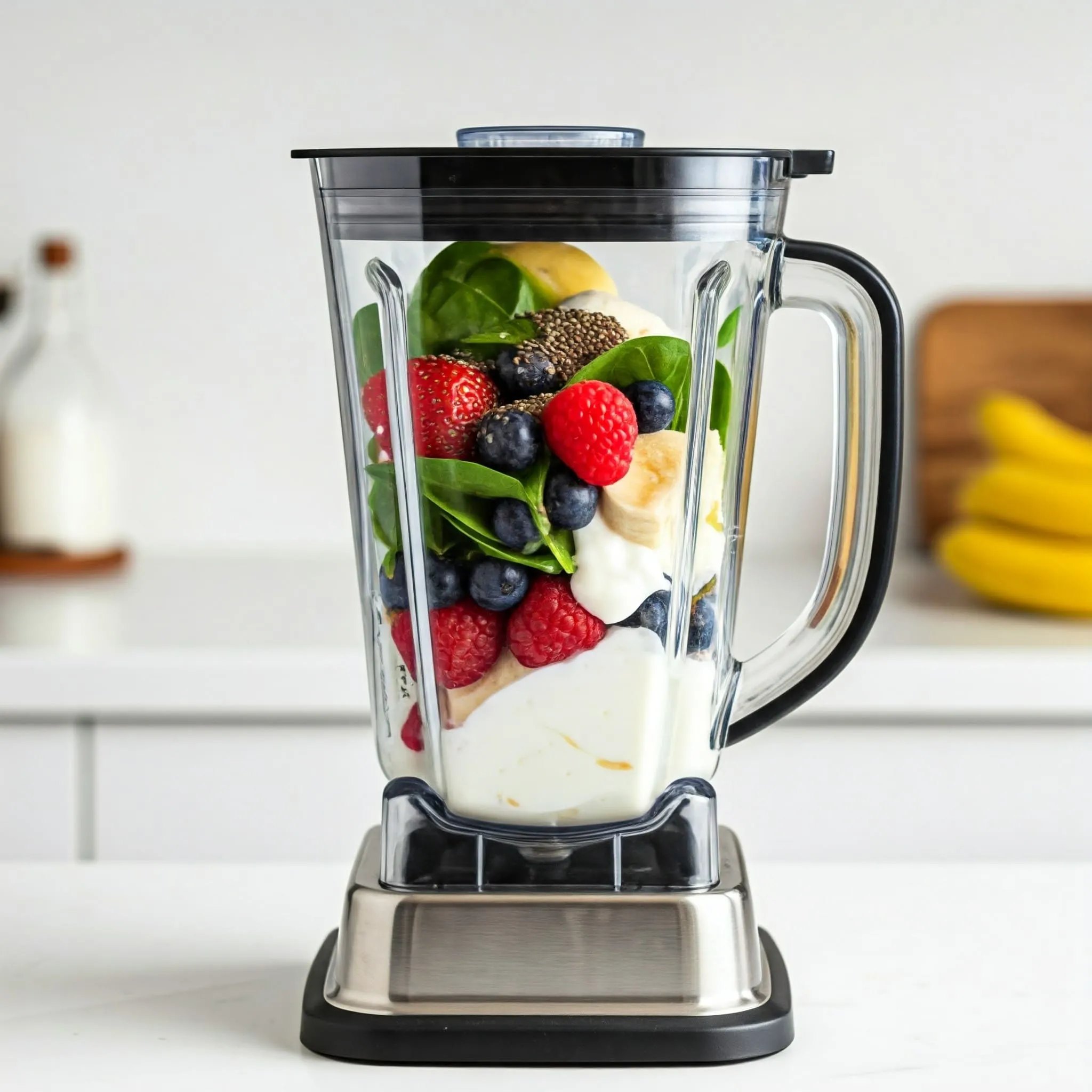 Ingredients for a green smoothie in a blender: banana, berries, spinach, Greek yogurt, chia seeds, and almond milk.