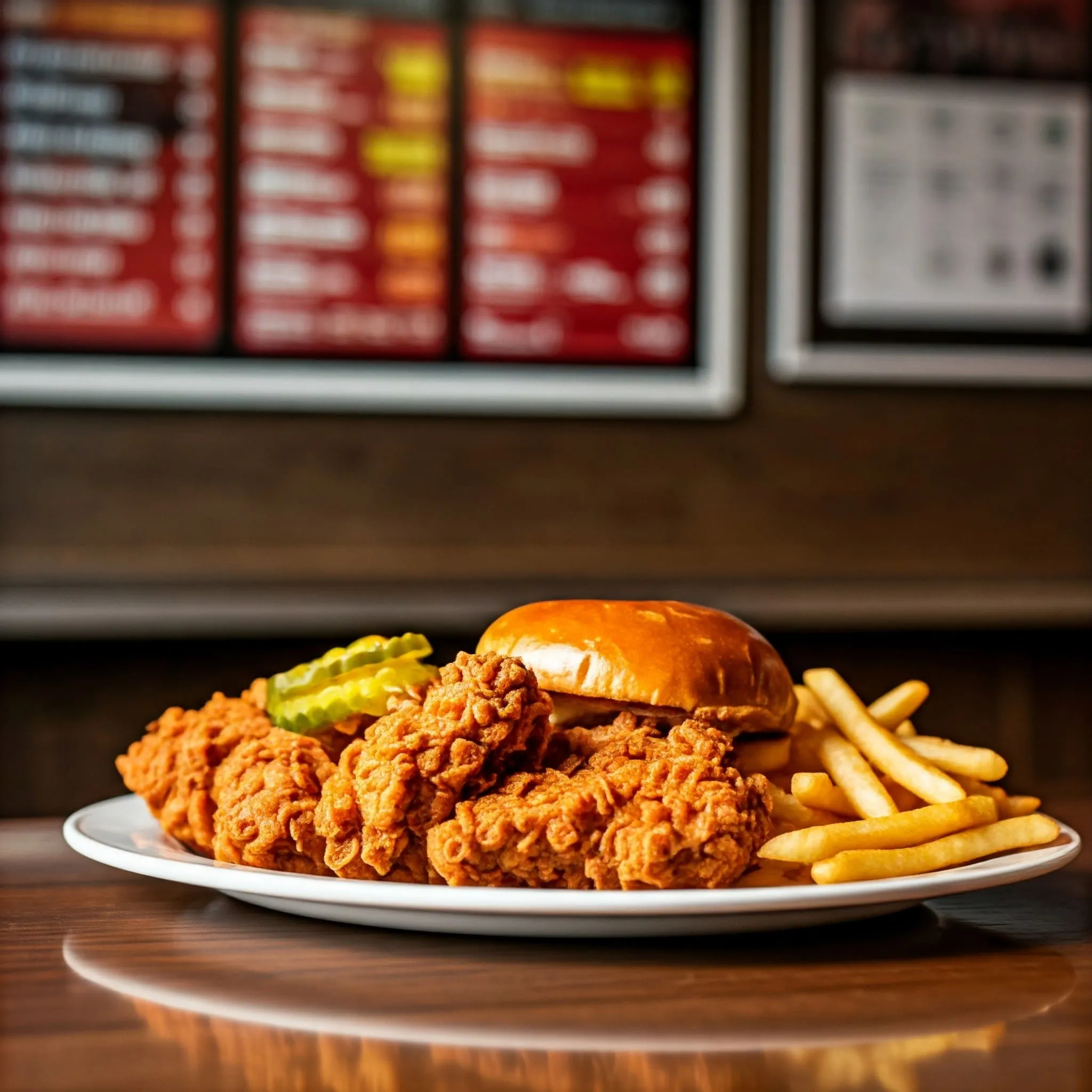 A plate of crispy chicken tenders from Dave’s Hot Chicken, served with fluffy brioche buns, pickles, fries, and a menu board highlighting various spice levels in a modern, vibrant restaurant setting.