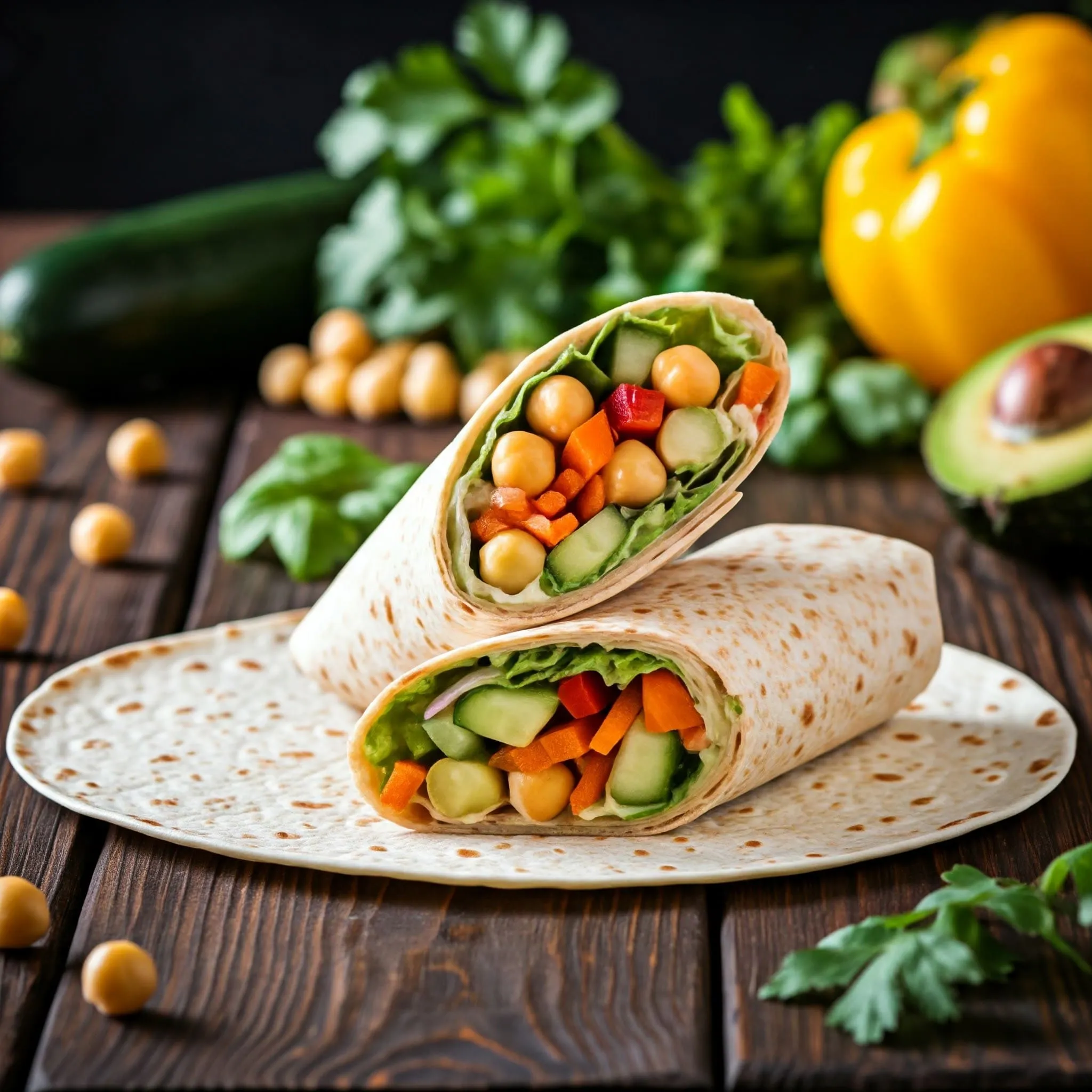 Chickpea salad wrap with fresh vegetables and avocado, wrapped in a whole wheat tortilla.