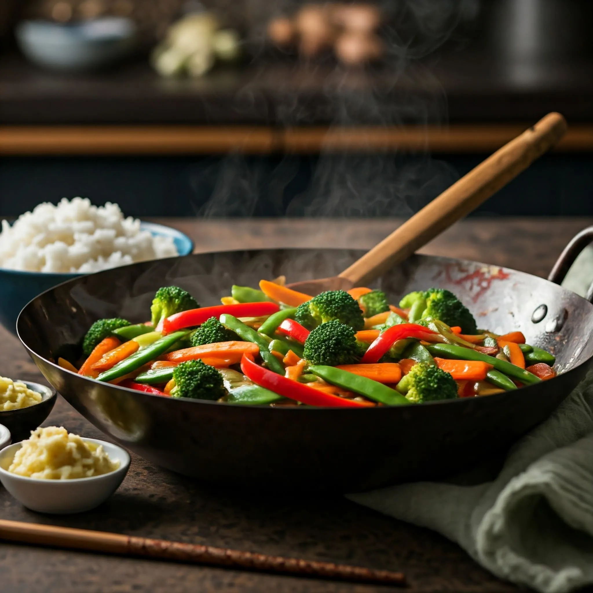 A vibrant stir fry of broccoli, bell peppers, carrots, and snap peas coated in a savory soy-ginger sauce, served in a wok with a bowl of steamed rice and chopsticks nearby.