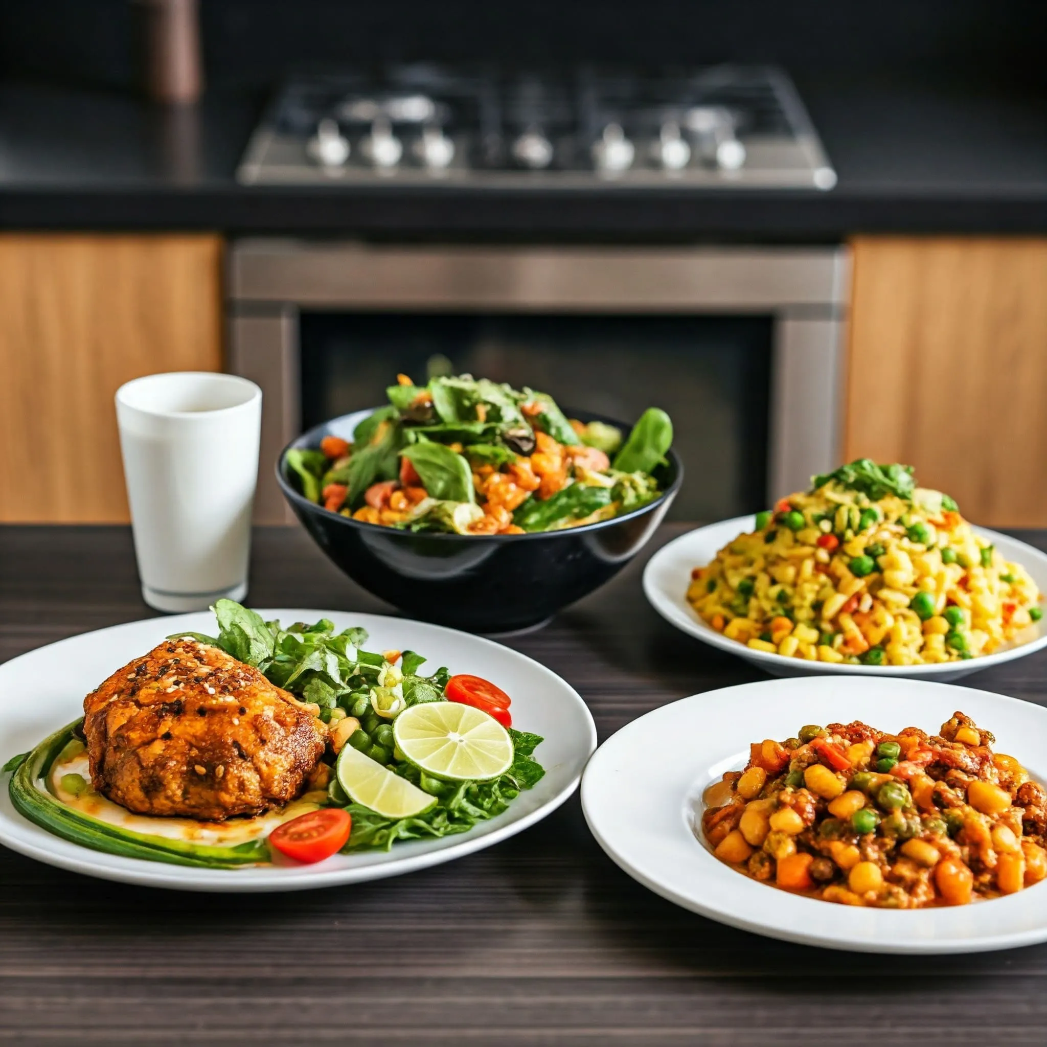 A variety of colorful, quick, and easy vegetarian meals including a veggie stir-fry, quinoa salad, vegetable curry, avocado toast, and roasted chickpeas.